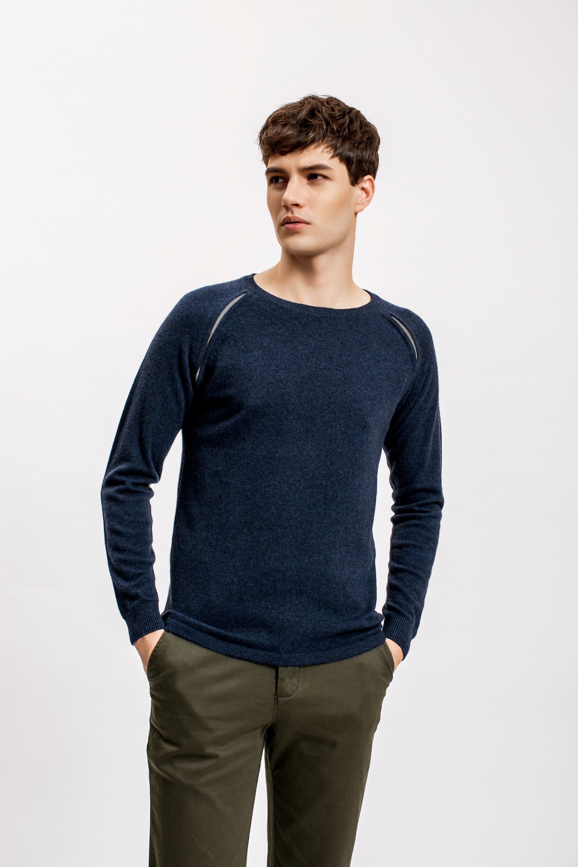 Navy Raglan Shoulder Contrast Slit Sweater