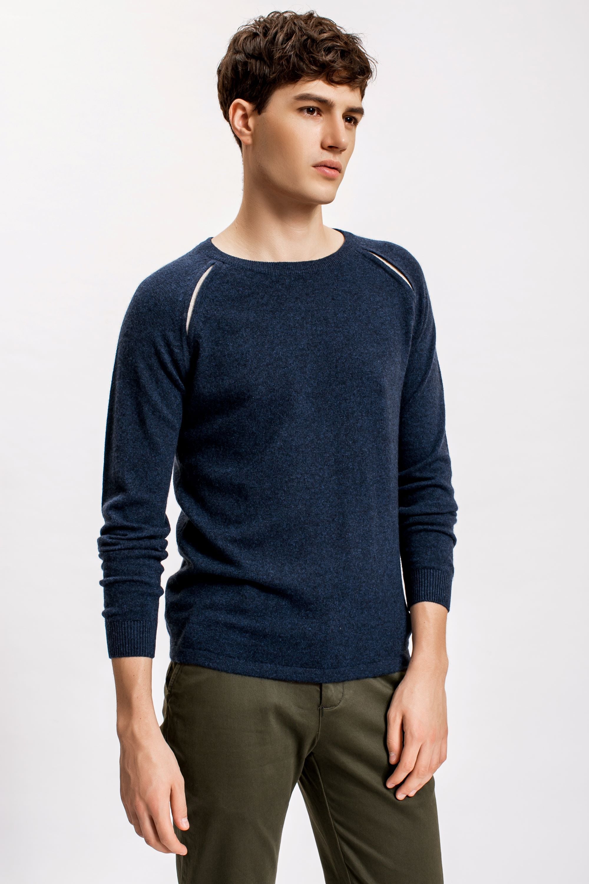 Navy Raglan Shoulder Contrast Slit Sweater