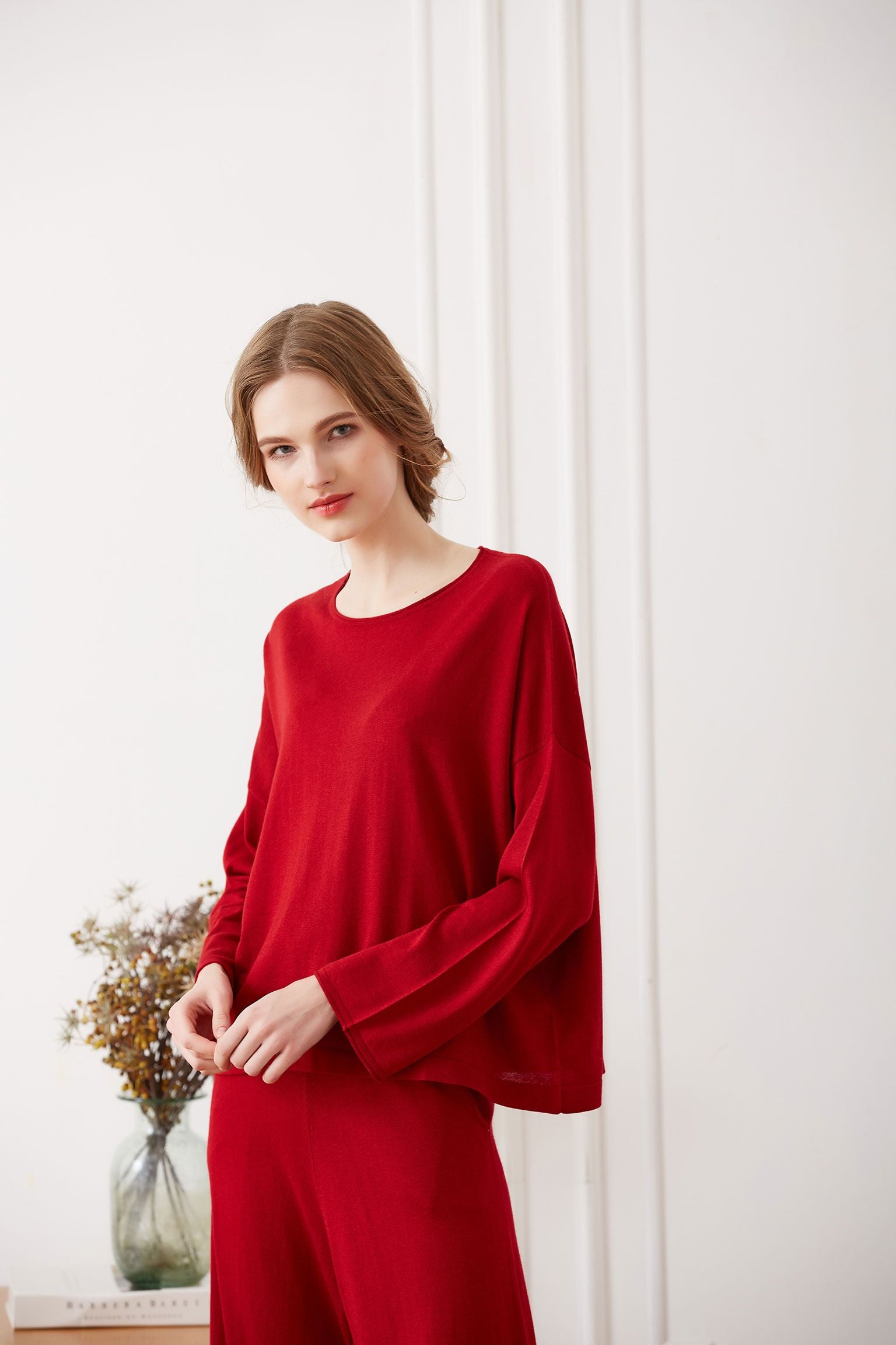 Silk Cashmere Loungewear Set, Red