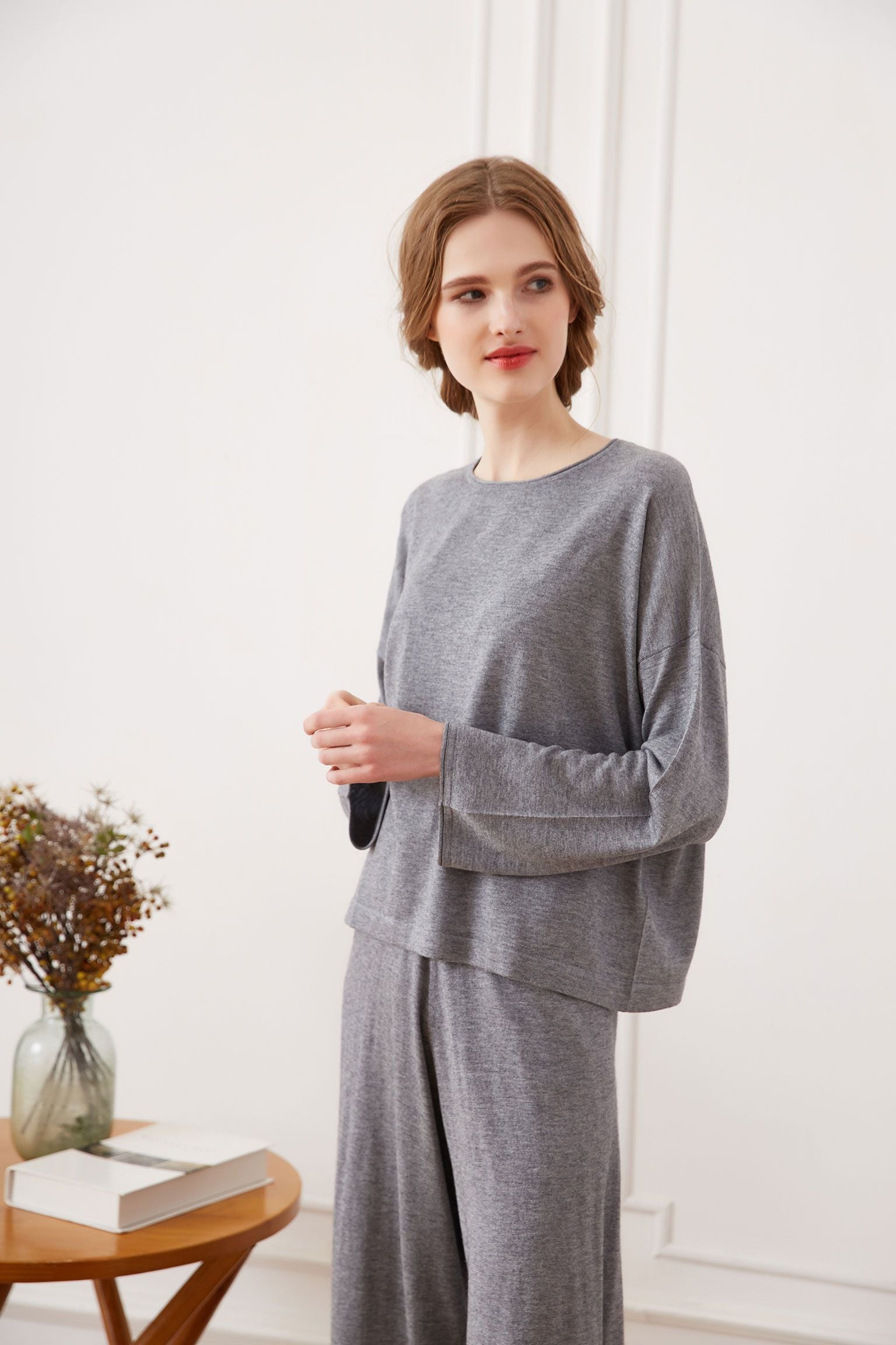 Silk Cashmere Loungewear Set, Grey
