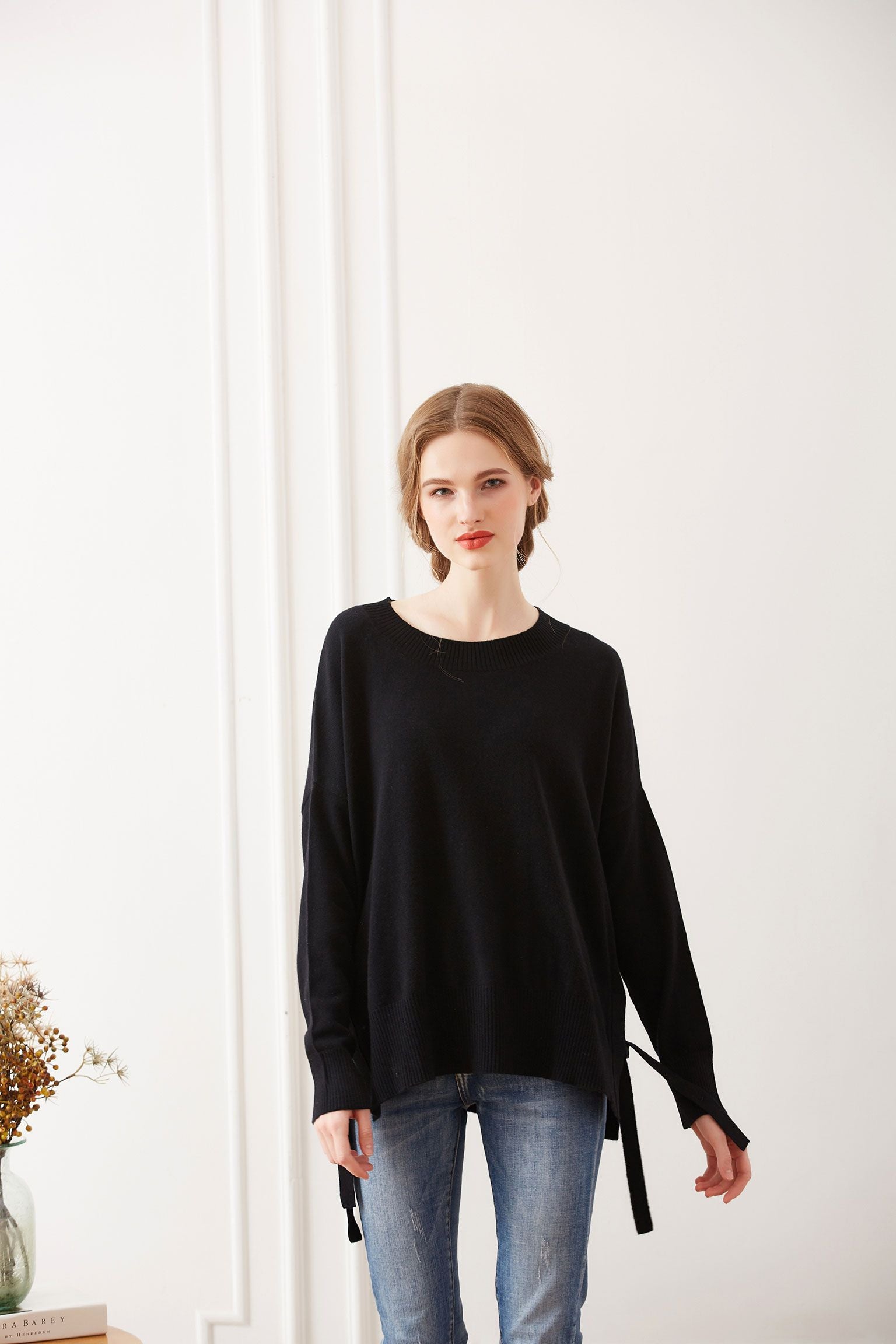 Side Tie Cashmere Crewneck Sweater, Black