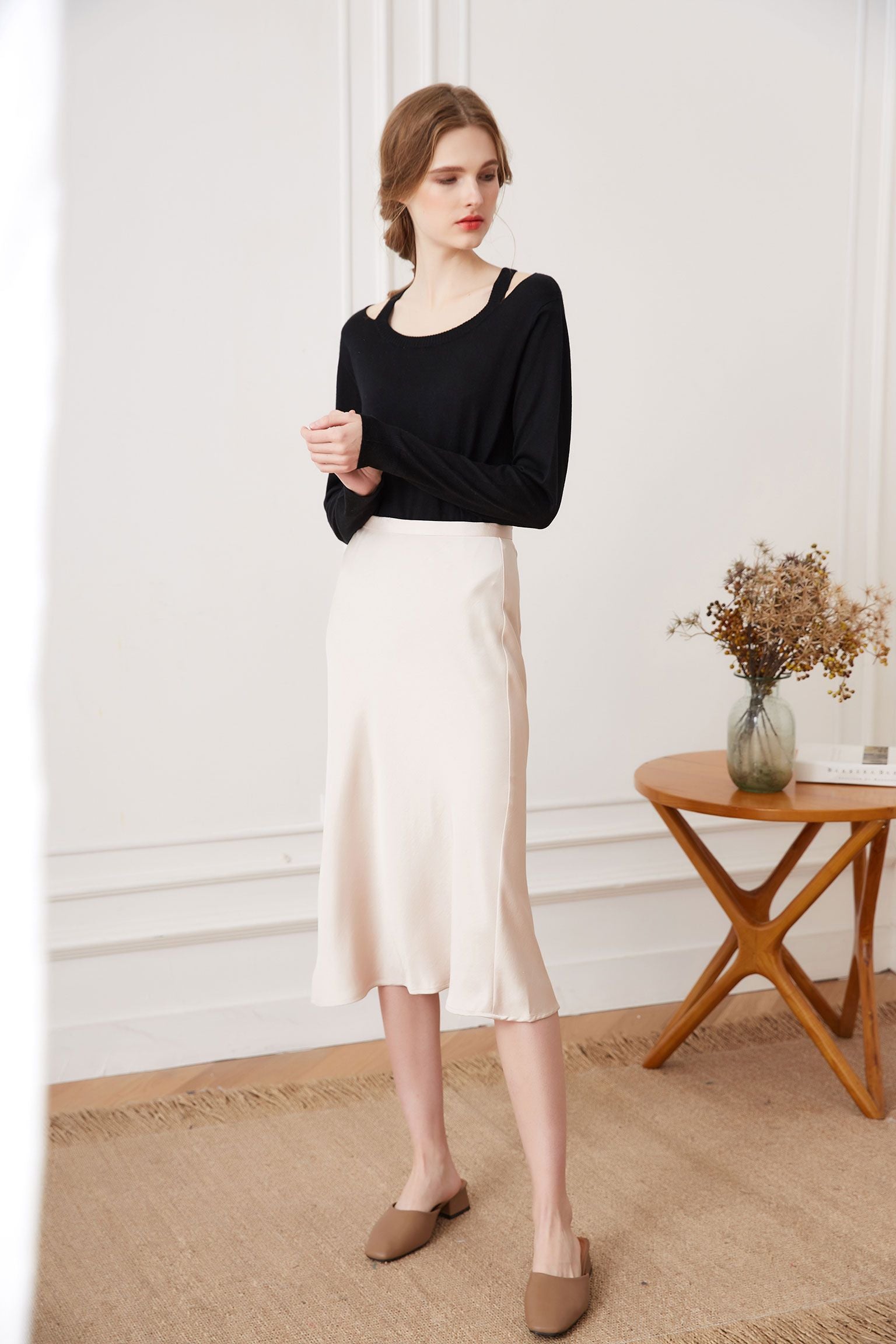 Off-shoulder Silk Cashmere Sweater, Black