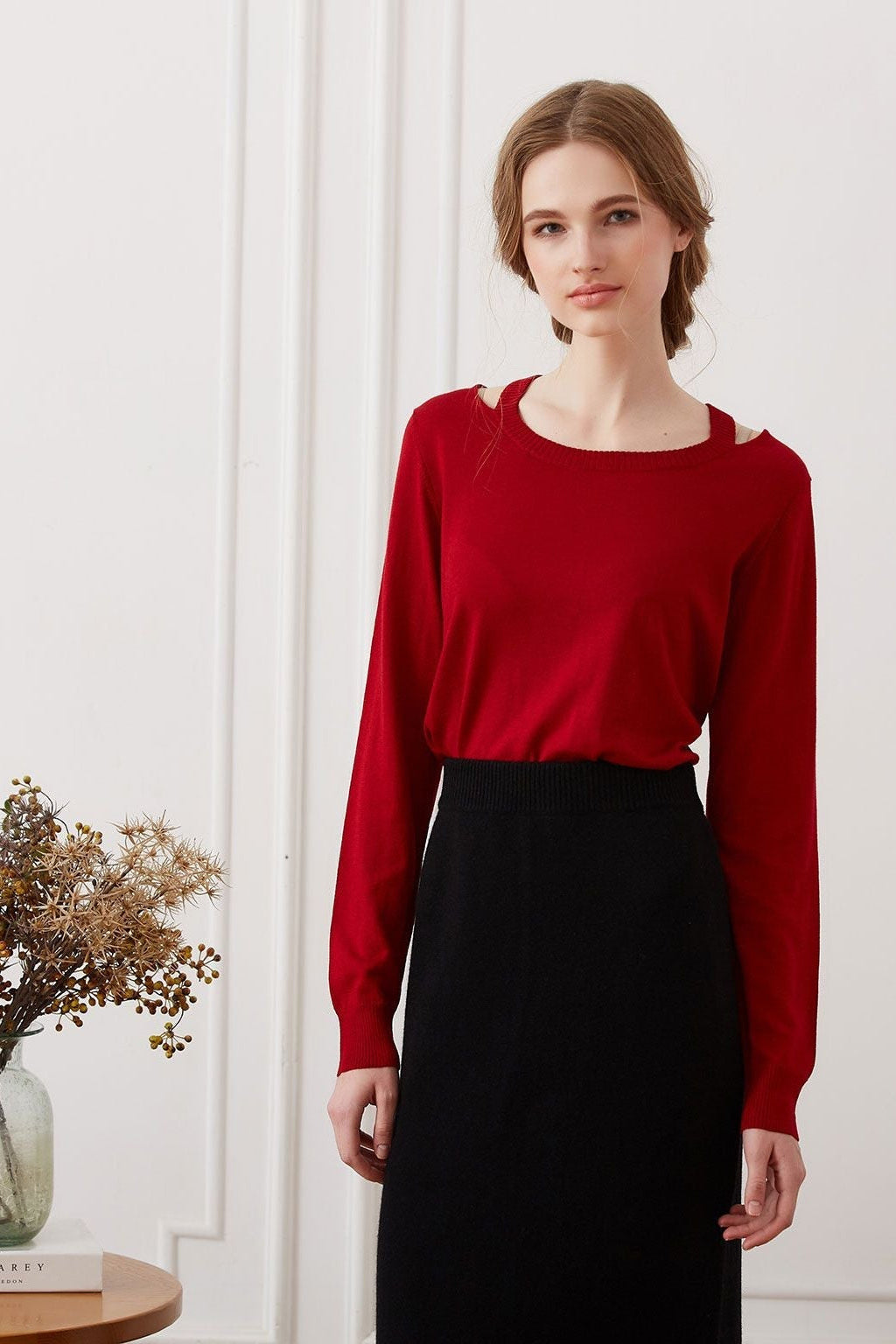 Off-shoulder Silk Cashmere Sweater, Red
