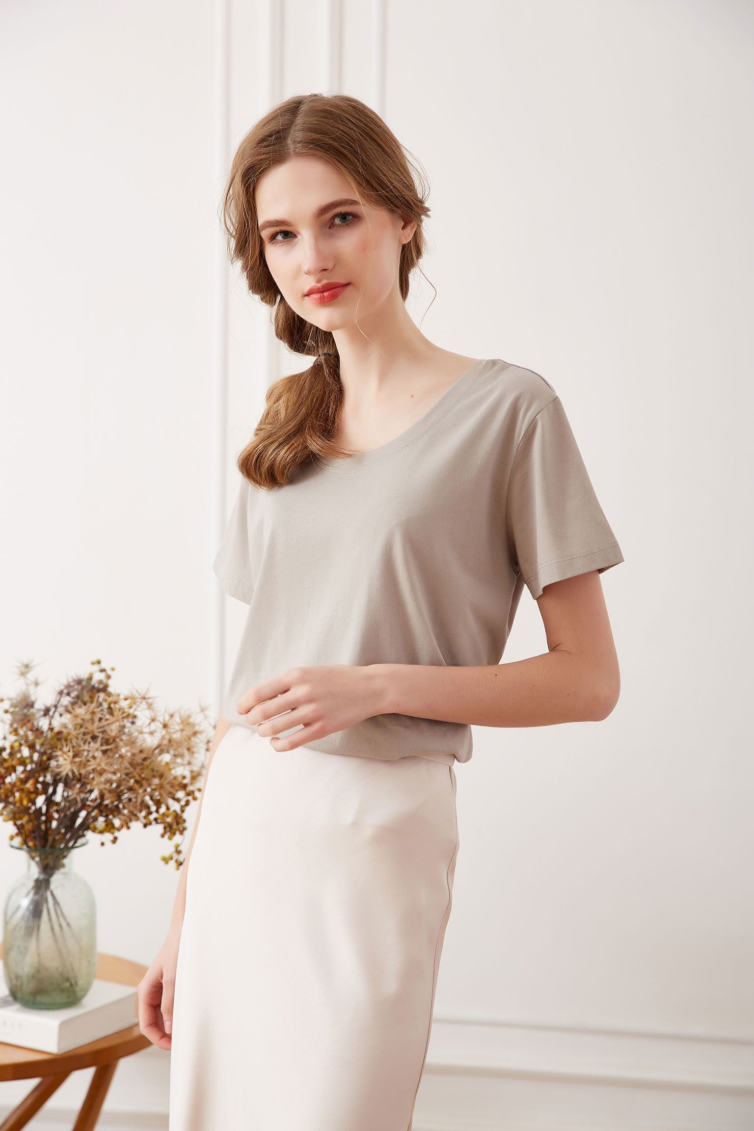 Cotton T-shirt with Crisscross Back, Light Beige