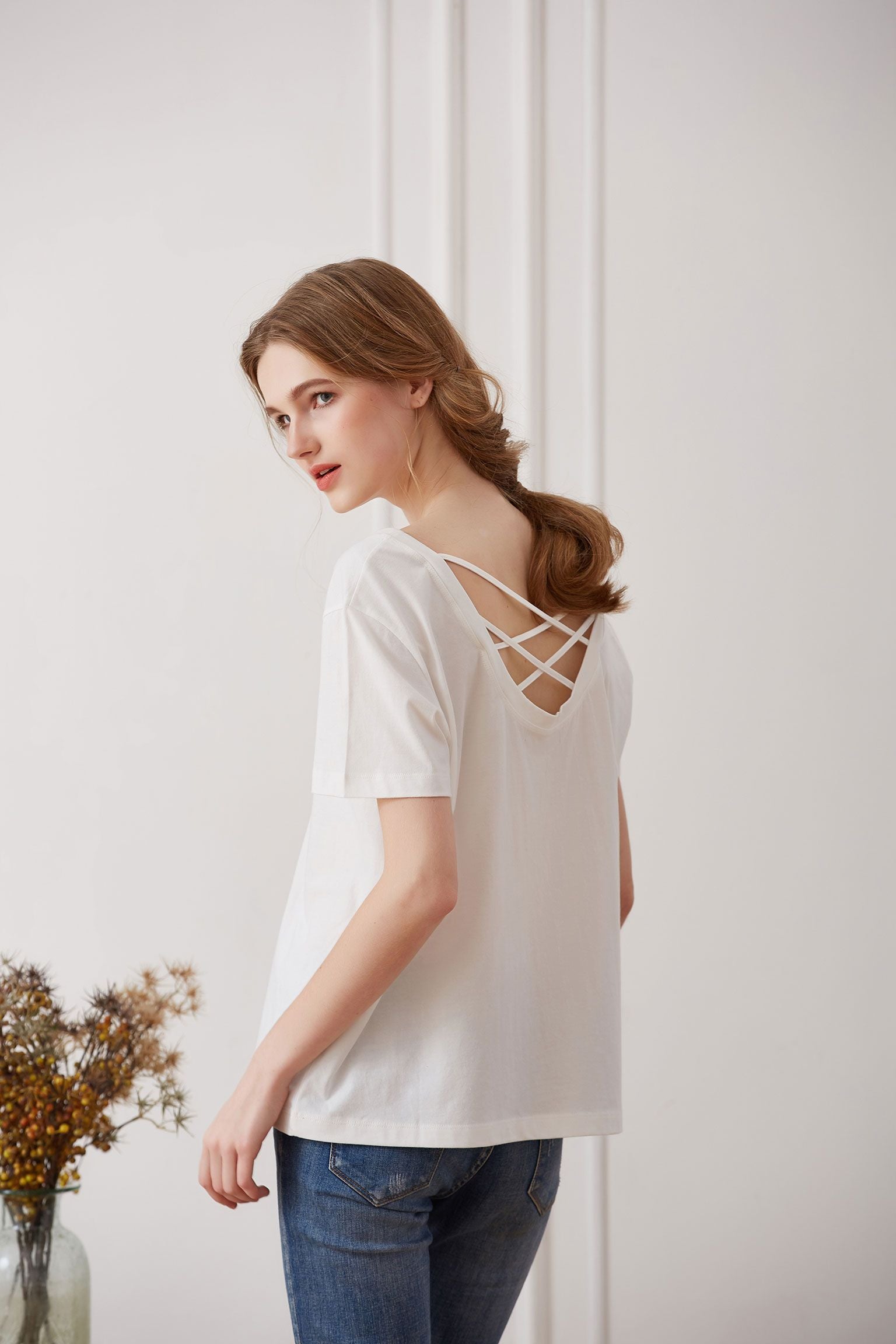 Cotton T-shirt with Crisscross Back, White