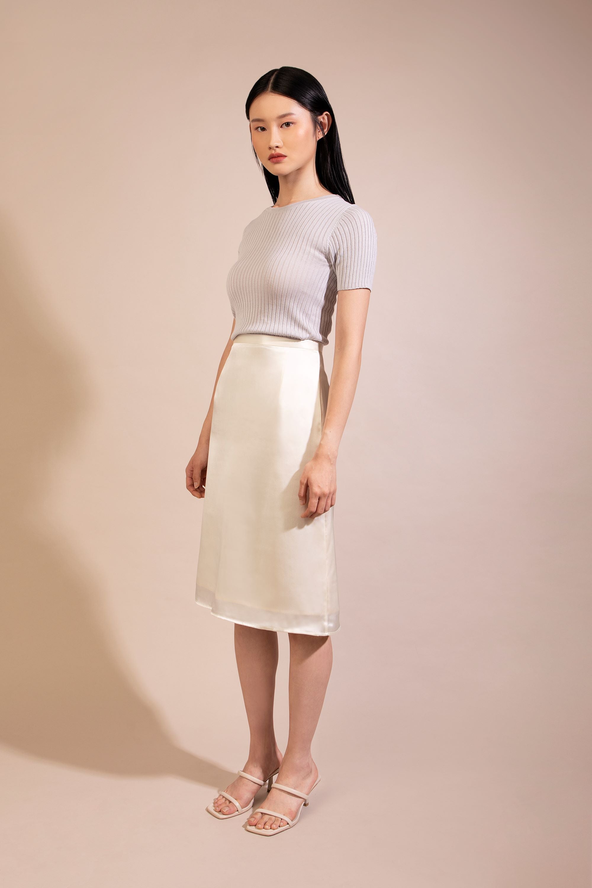 Silk Cotton Short Sleeve Ribbed Sweater, Light Beige