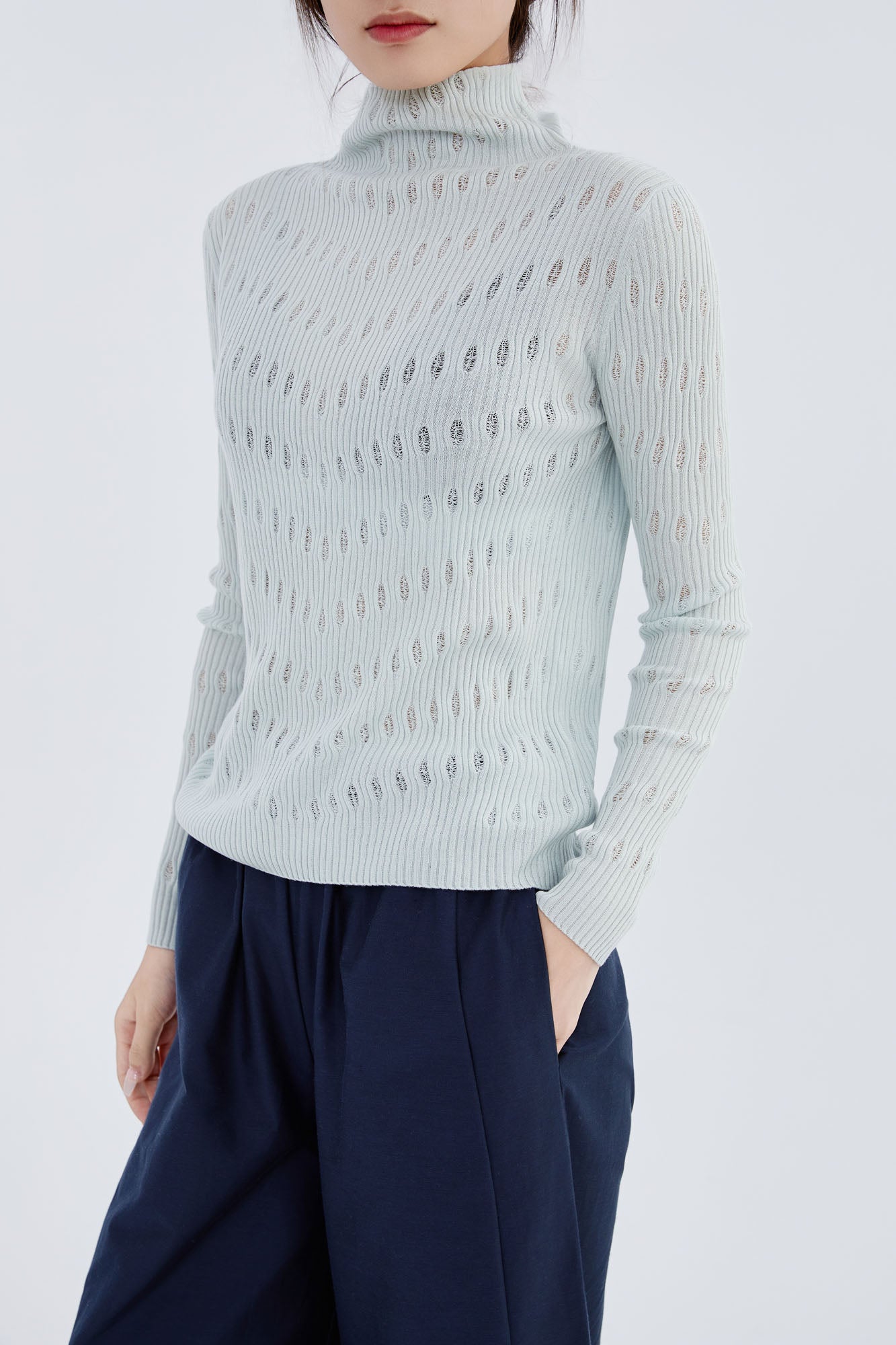 Cashmere Mock Neck Open-Knitted Sweater