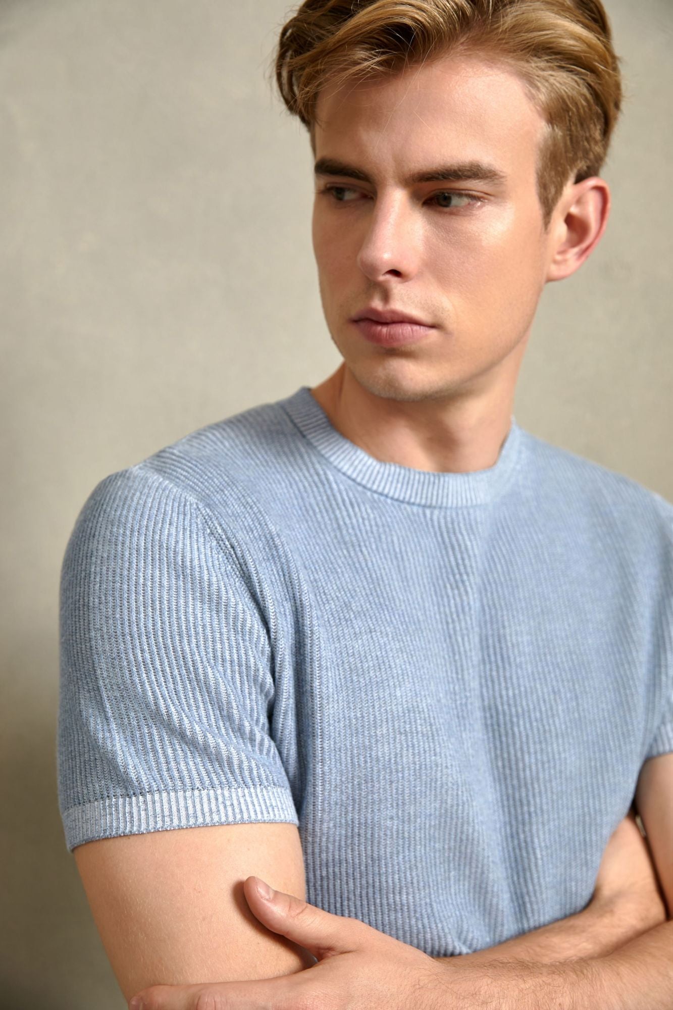 Cotton Ribbed Short Sleeve Sweater, Heather Blue