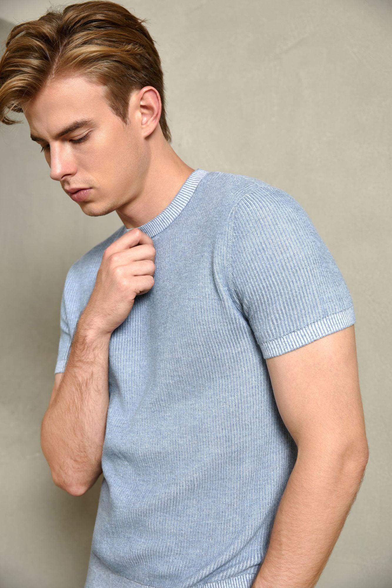 Cotton Ribbed Short Sleeve Sweater, Heather Blue