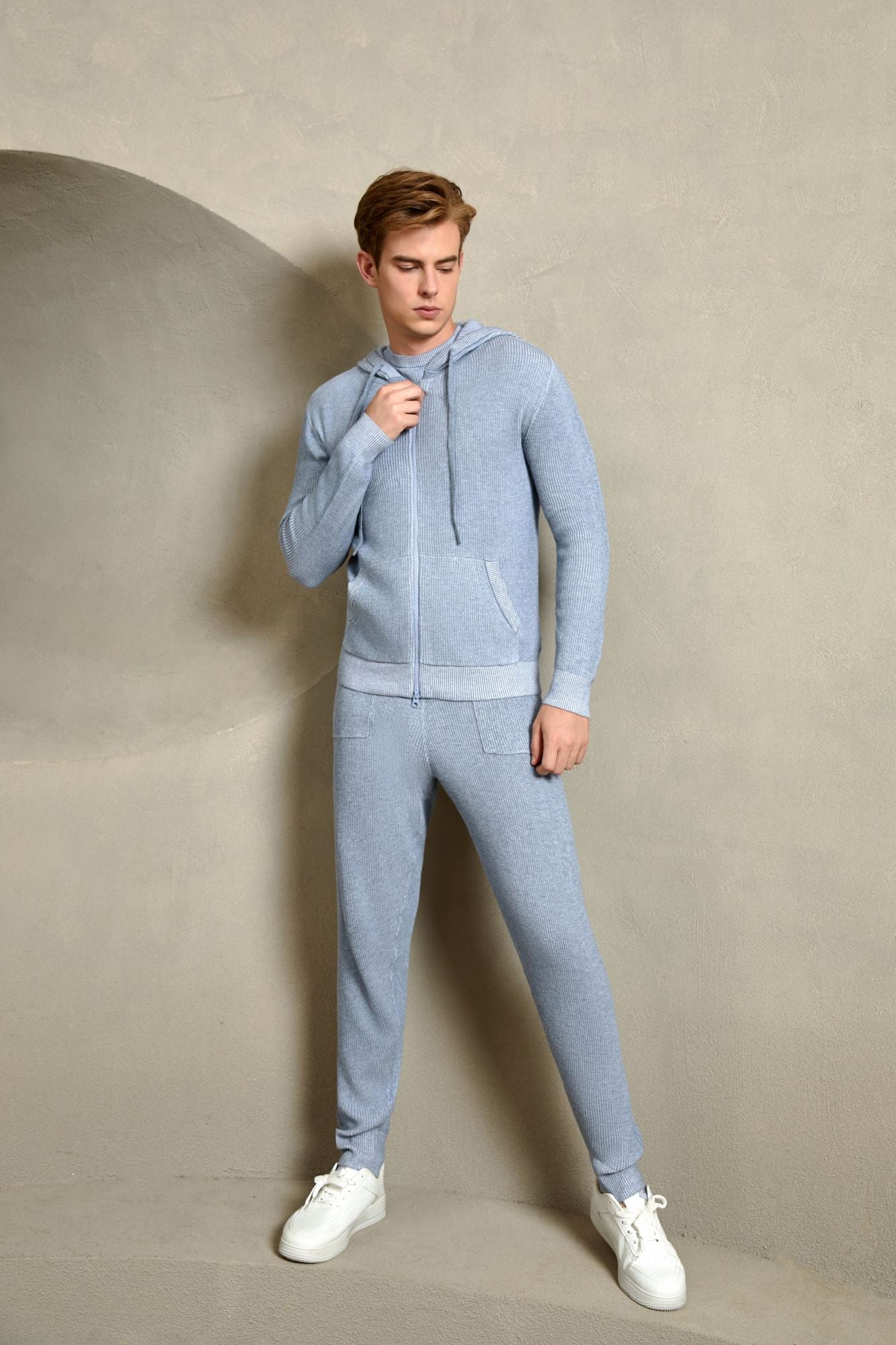 Cotton Ribbed Hoodie, Heather Blue