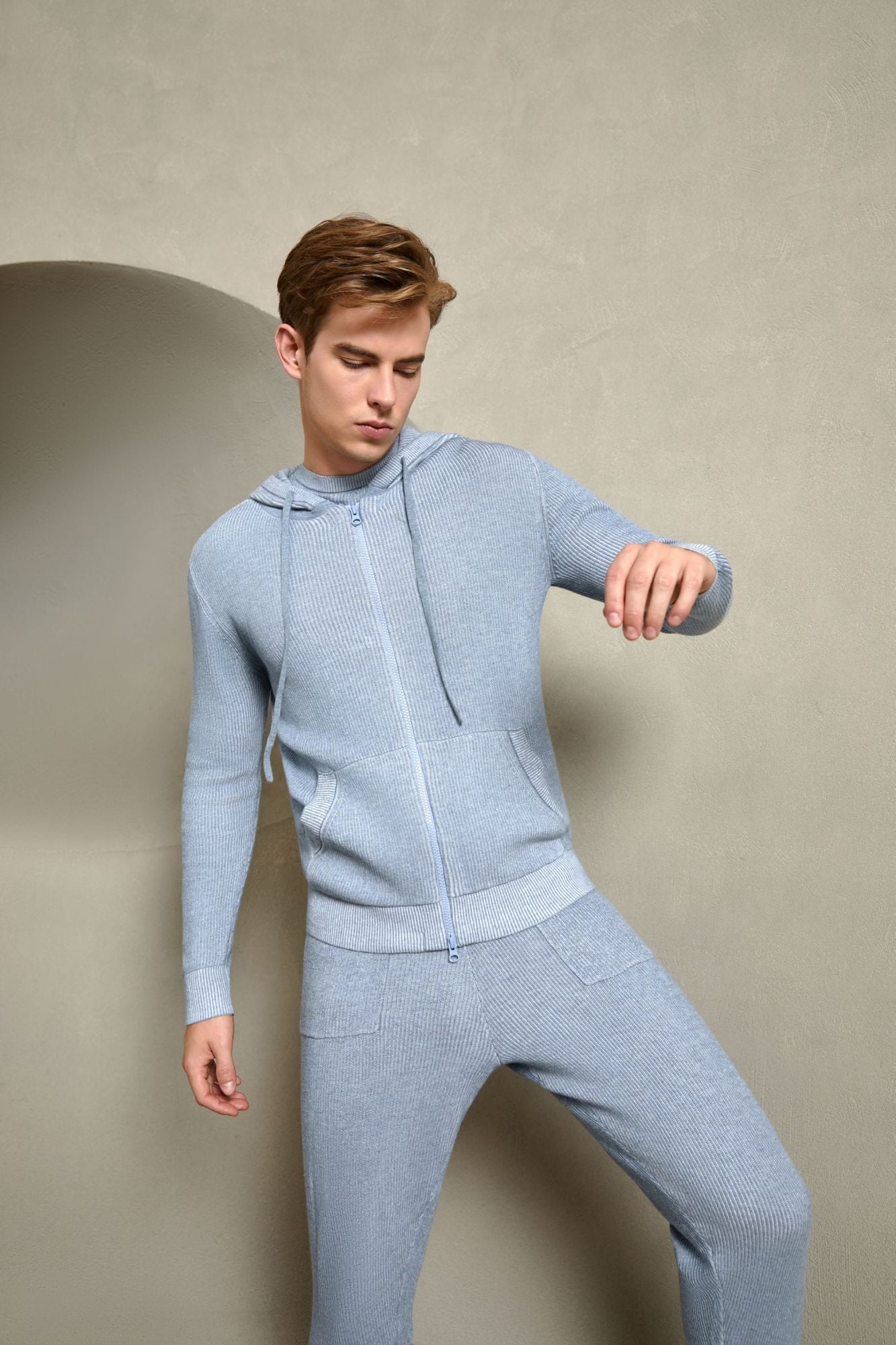 Cotton Ribbed Hoodie, Heather Blue