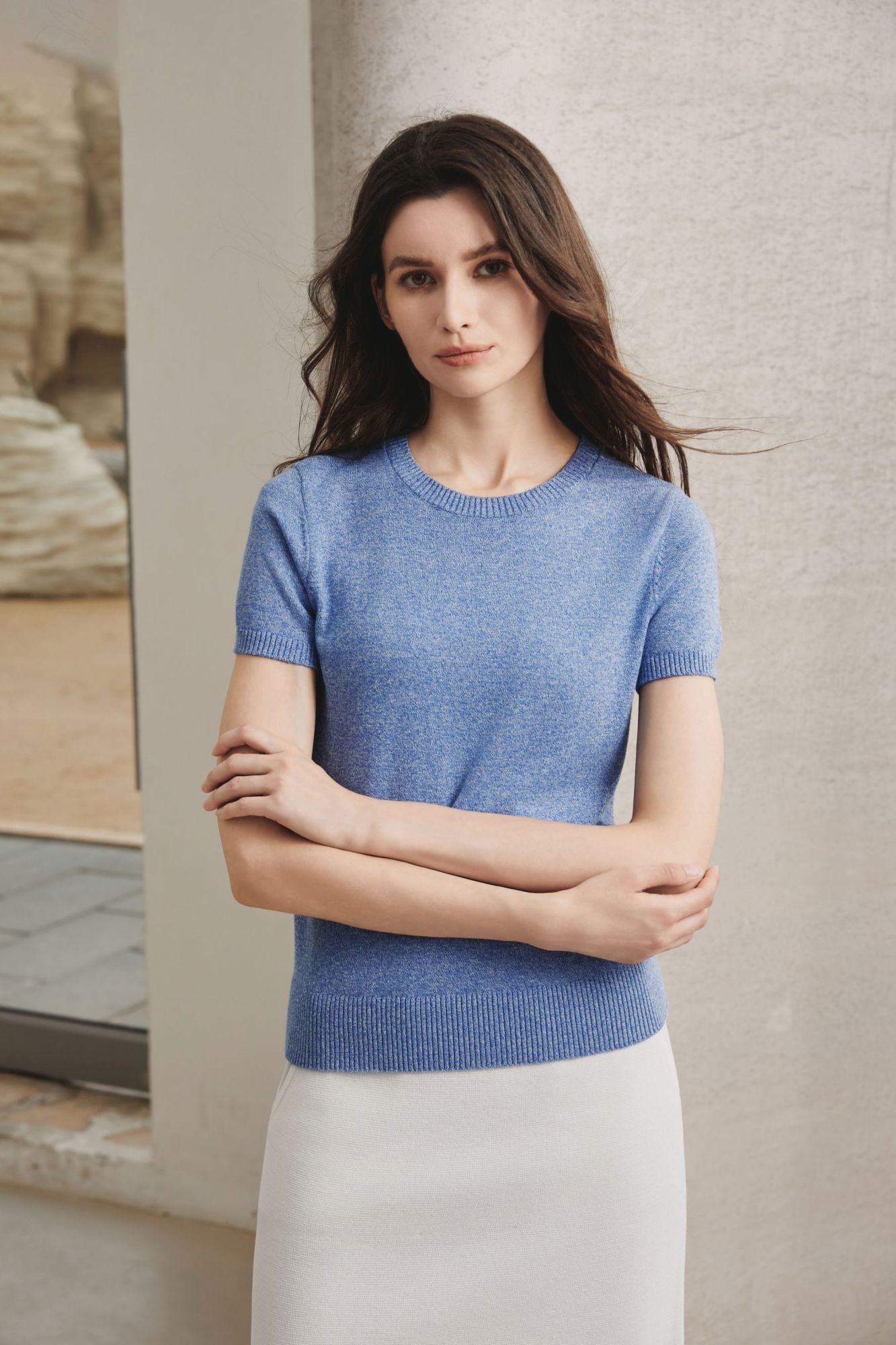 Cotton Melange Short Sleeve Sweater, Heather Blue