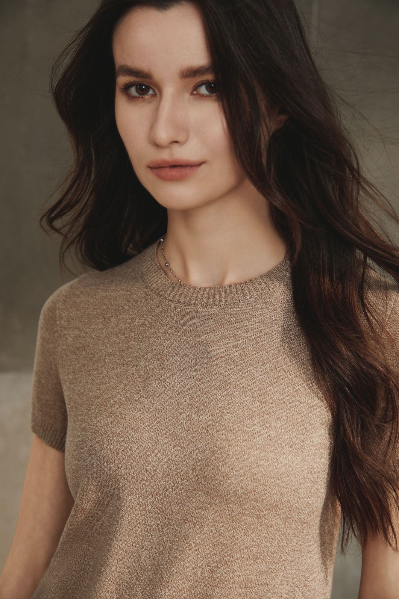 Cotton Melange Short Sleeve Sweater, Taupe