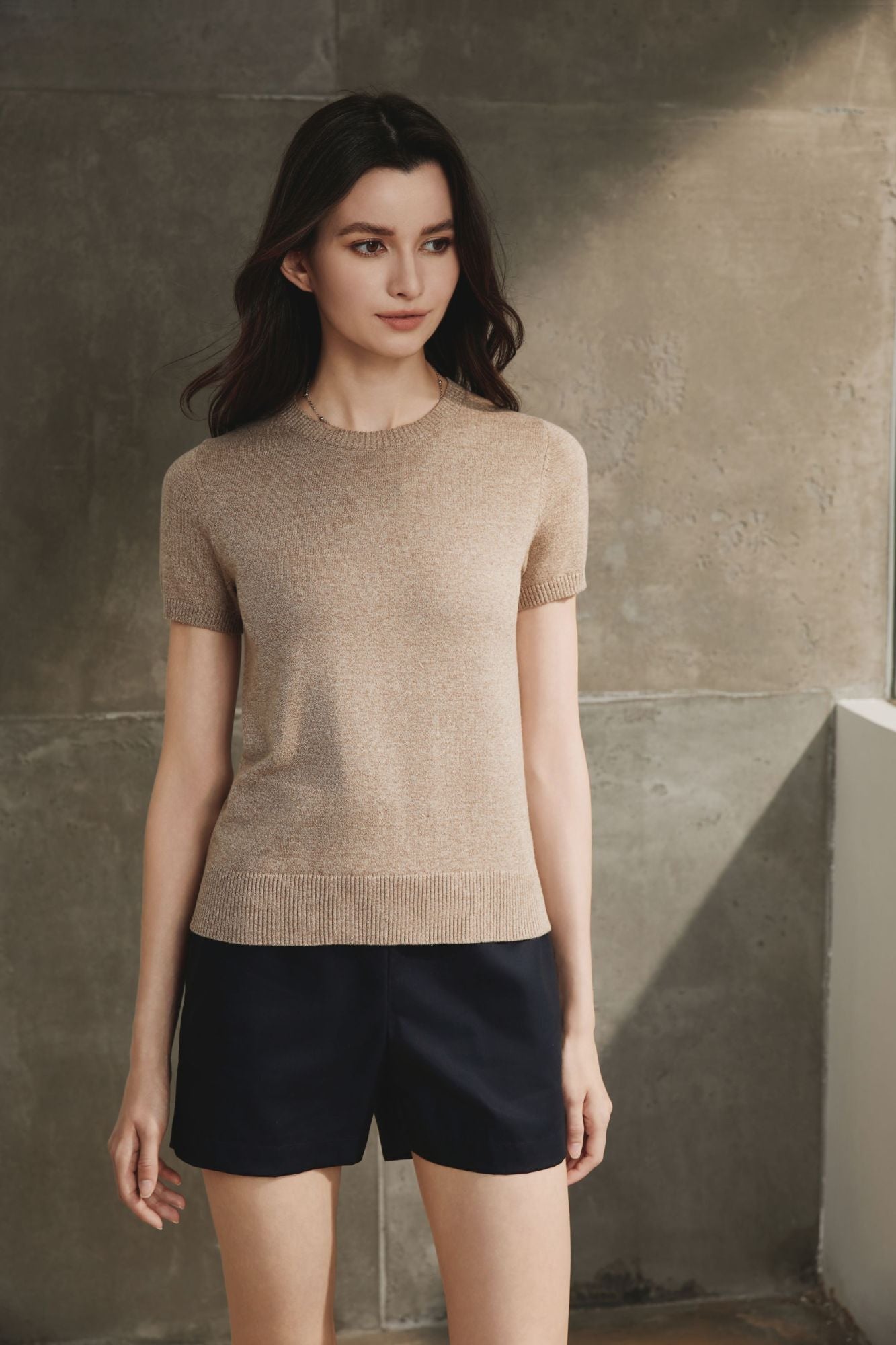 Cotton Melange Short Sleeve Sweater, Taupe