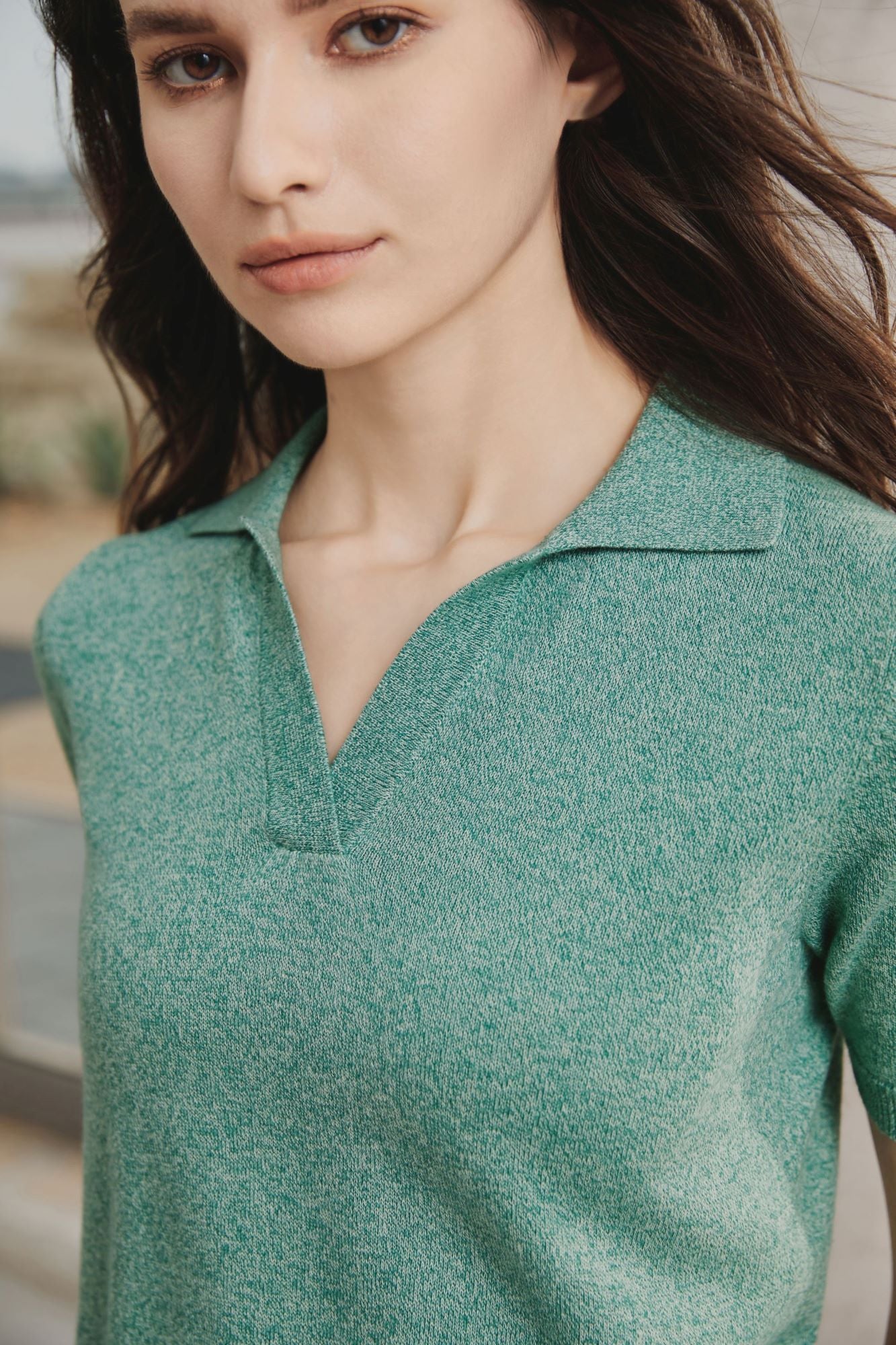 Cotton Melange Polo Short Sleeve Sweater, Jade