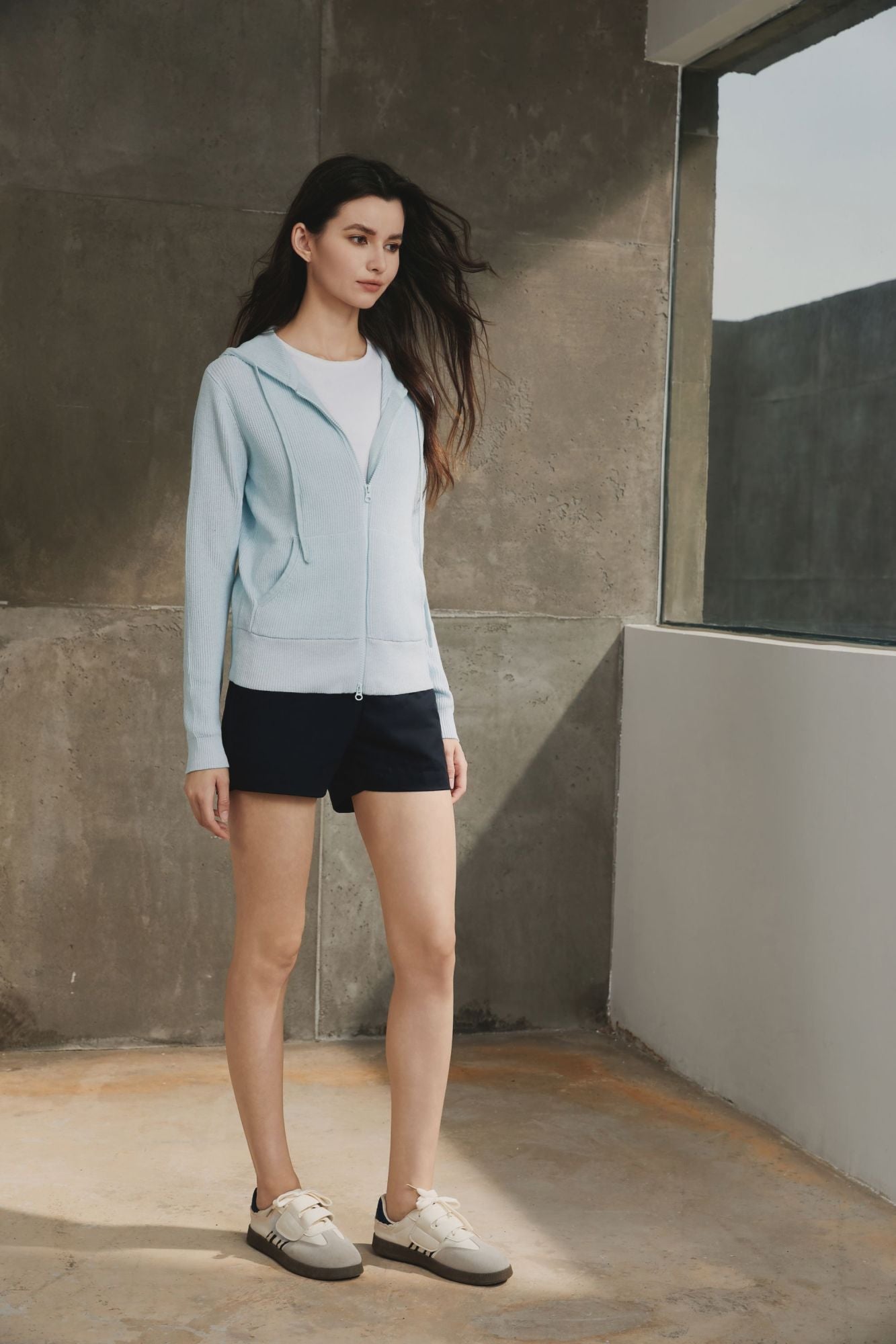 Cotton Ribbed Hoodie, Azureish White