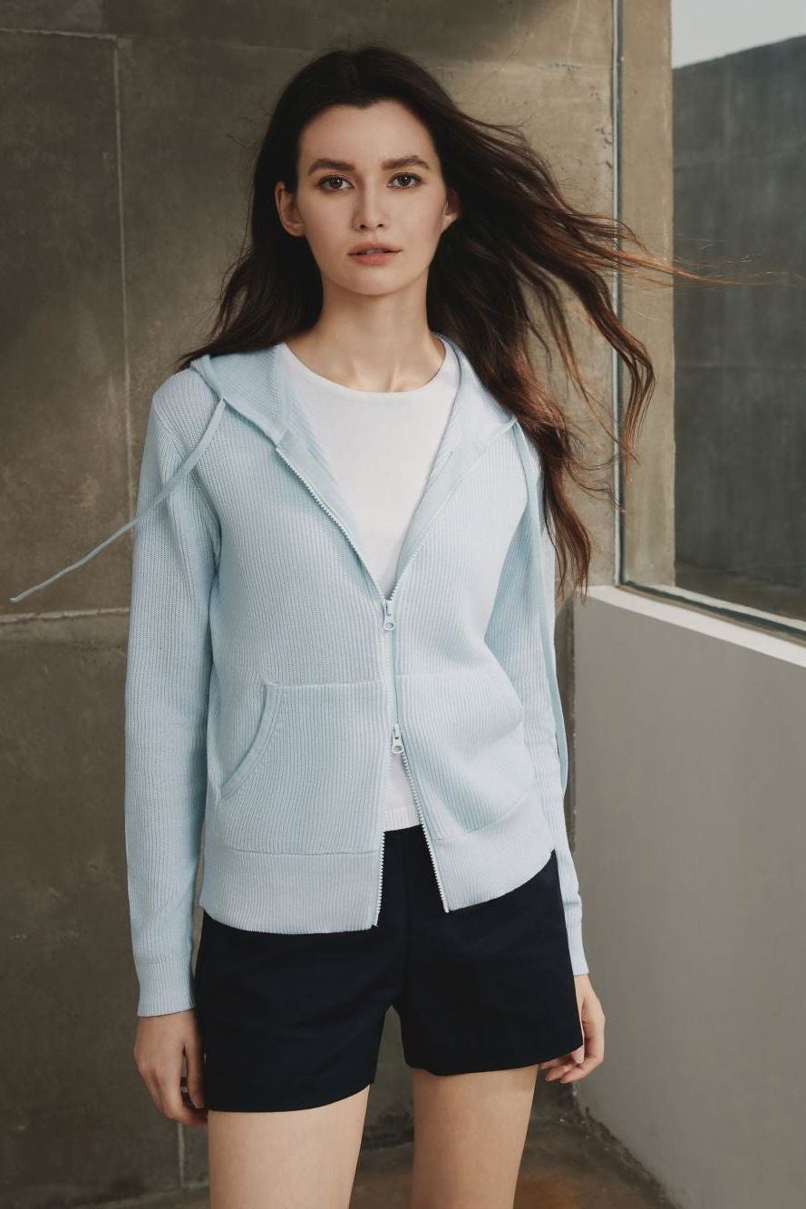 Cotton Ribbed Hoodie, Azureish White