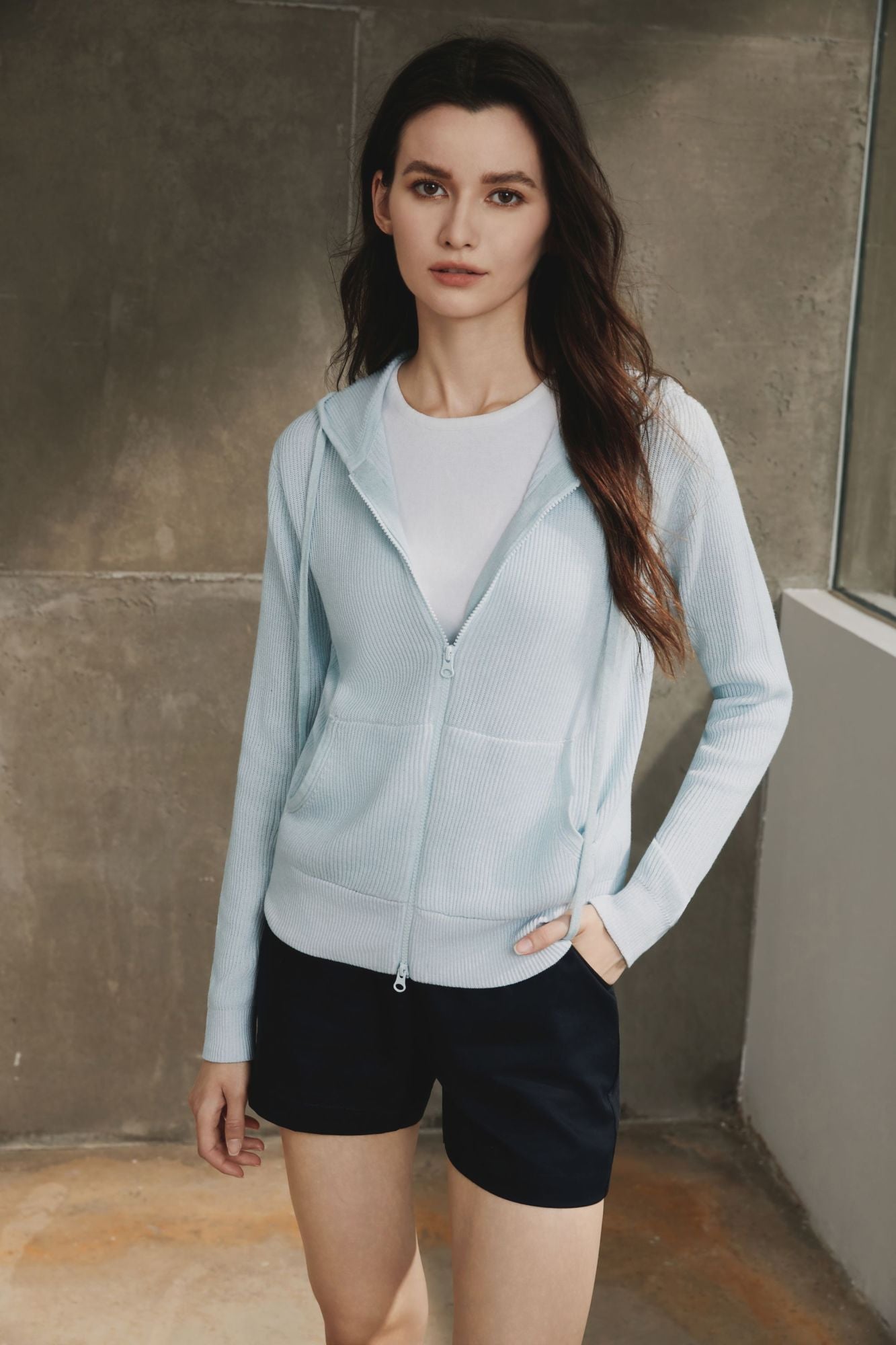 Cotton Ribbed Hoodie, Azureish White