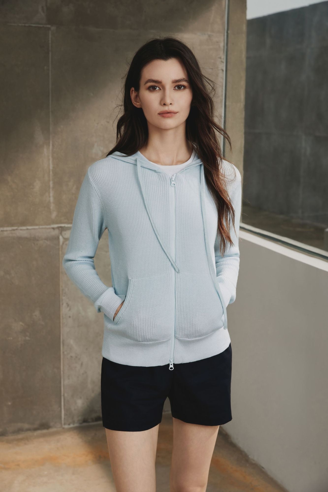 Cotton Ribbed Hoodie, Azureish White