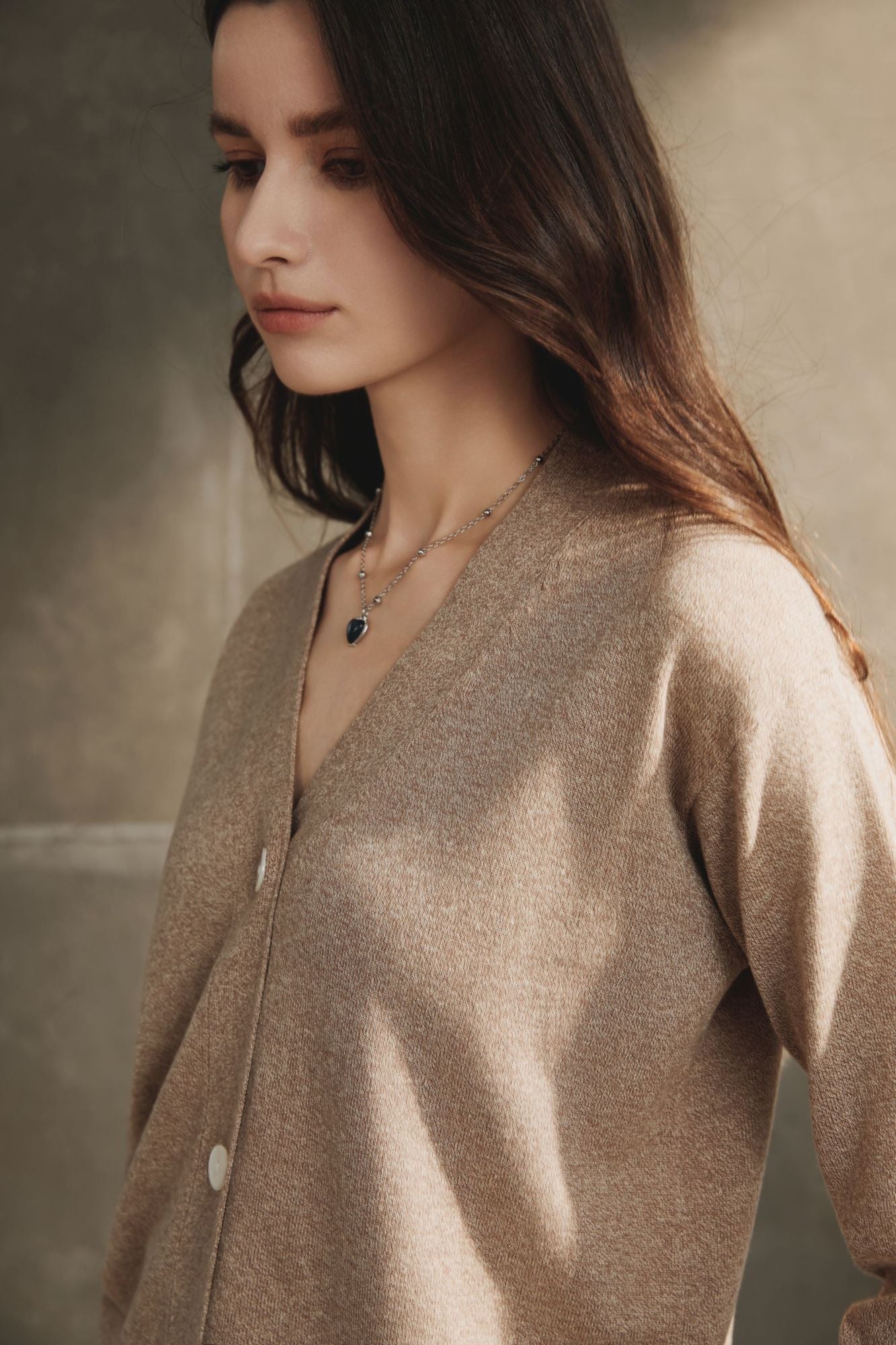 Cotton V-Neck Cardigan, Taupe