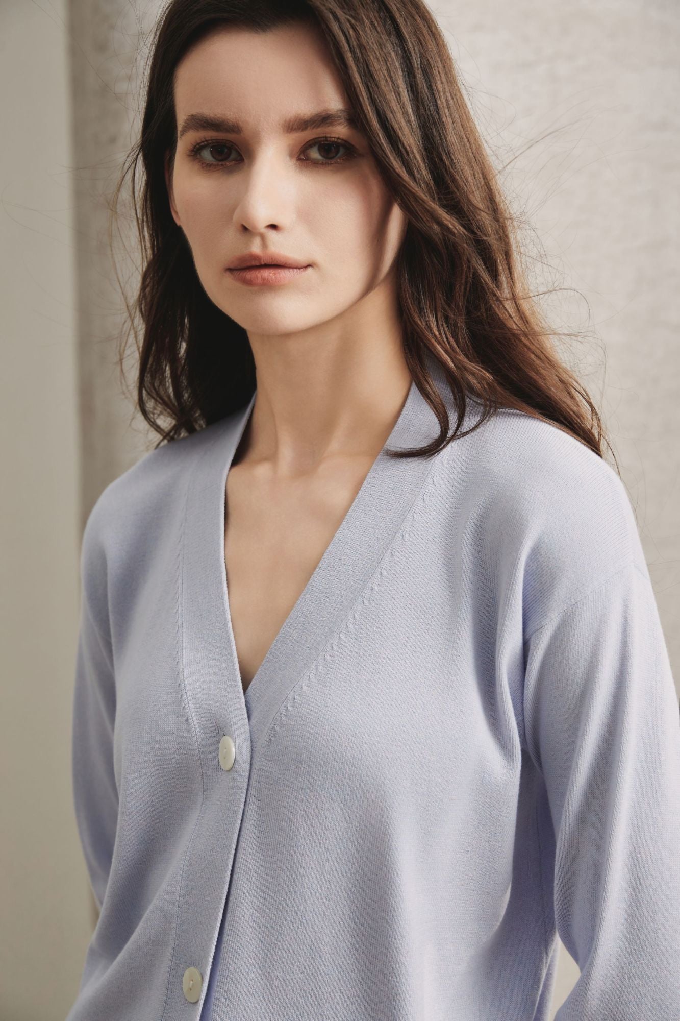 Cotton V-Neck Cardigan, Light Grey