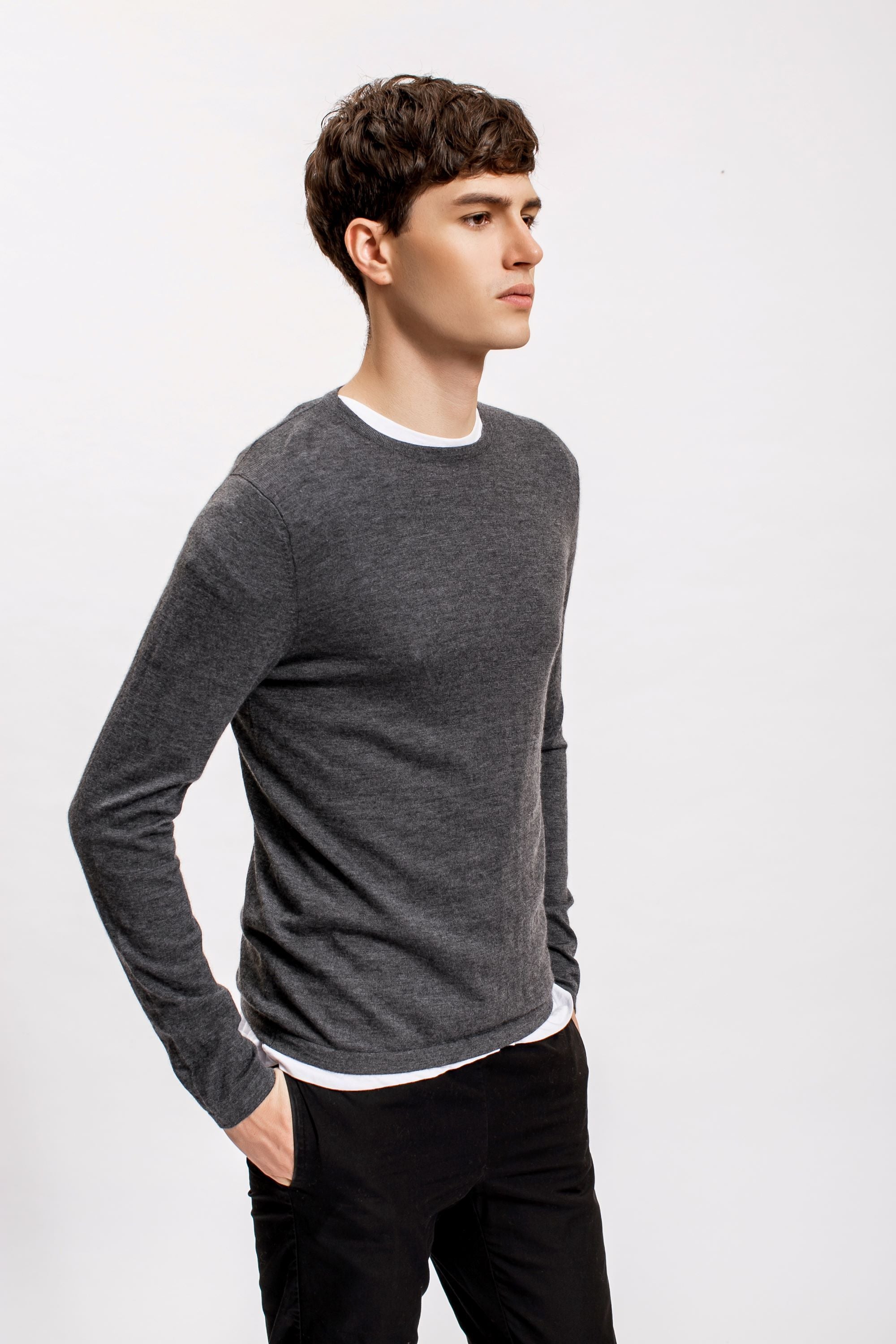 Superfine Cashmere Crewneck Sweater, Charcoal