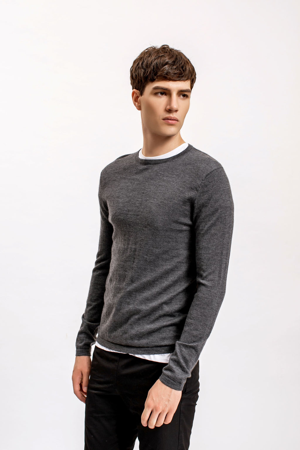 Superfine Cashmere Crewneck Sweater, Charcoal
