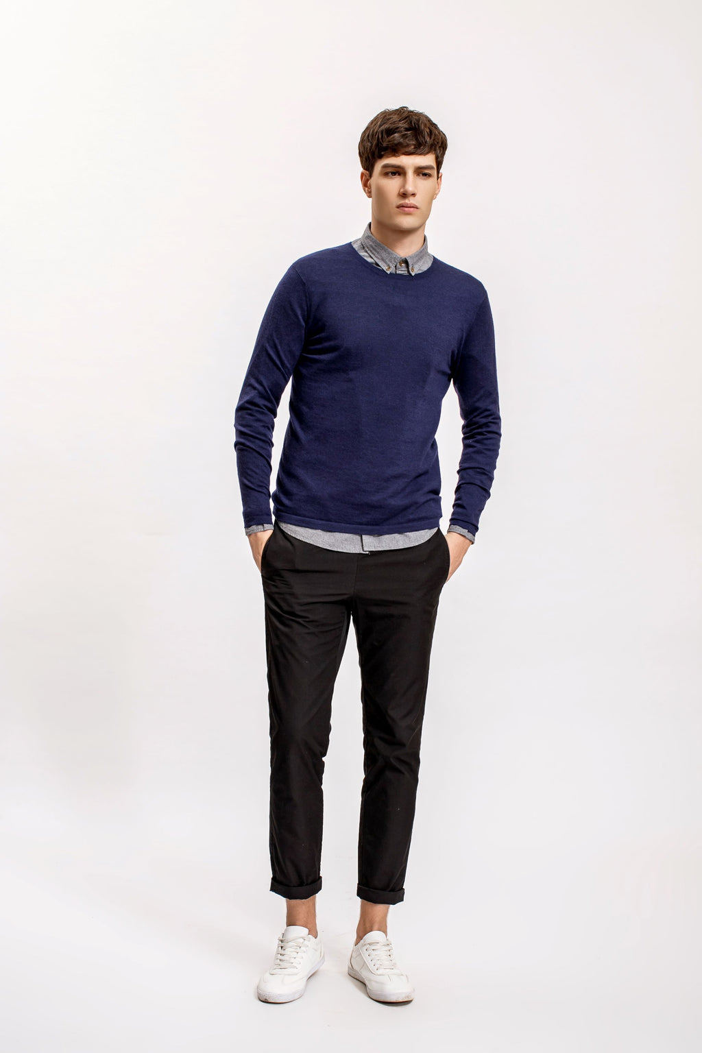 Superfine Cashmere Crewneck Sweater, Navy