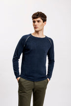 Navy Raglan Shoulder Contrast Slit Sweater