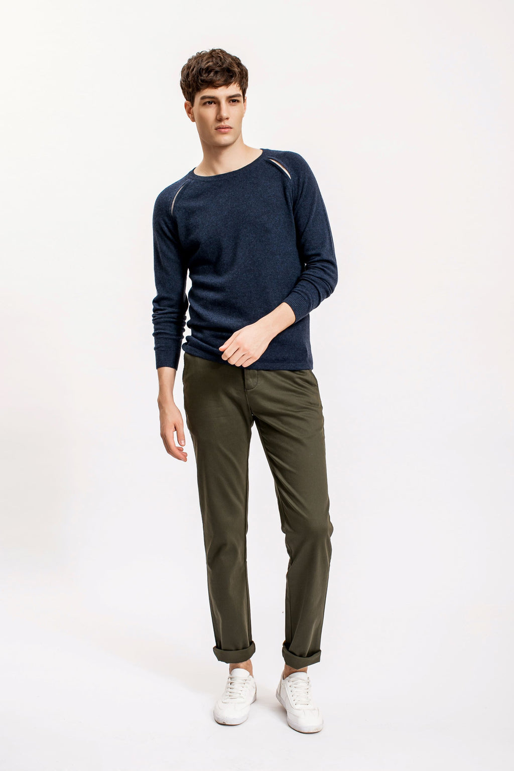 Navy Raglan Shoulder Contrast Slit Sweater