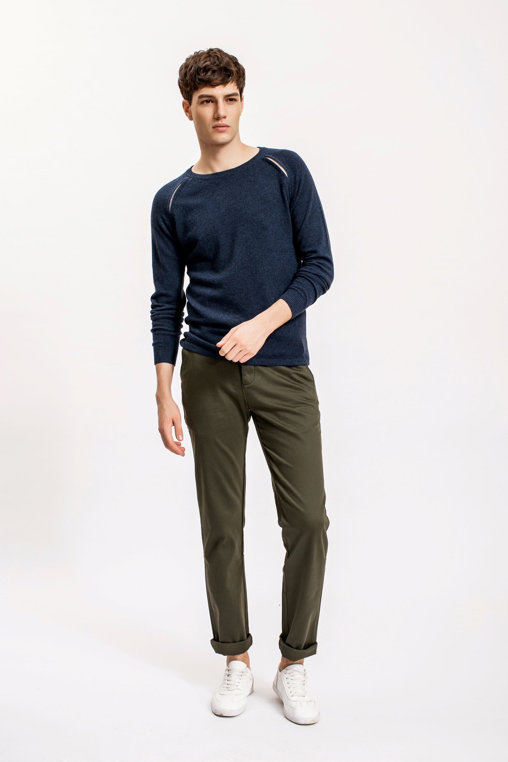 Navy Raglan Shoulder Contrast Slit Sweater