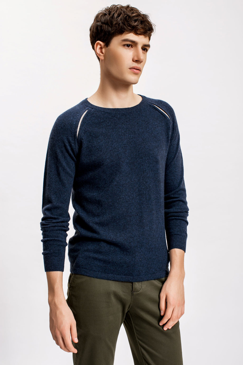 Navy Raglan Shoulder Contrast Slit Sweater