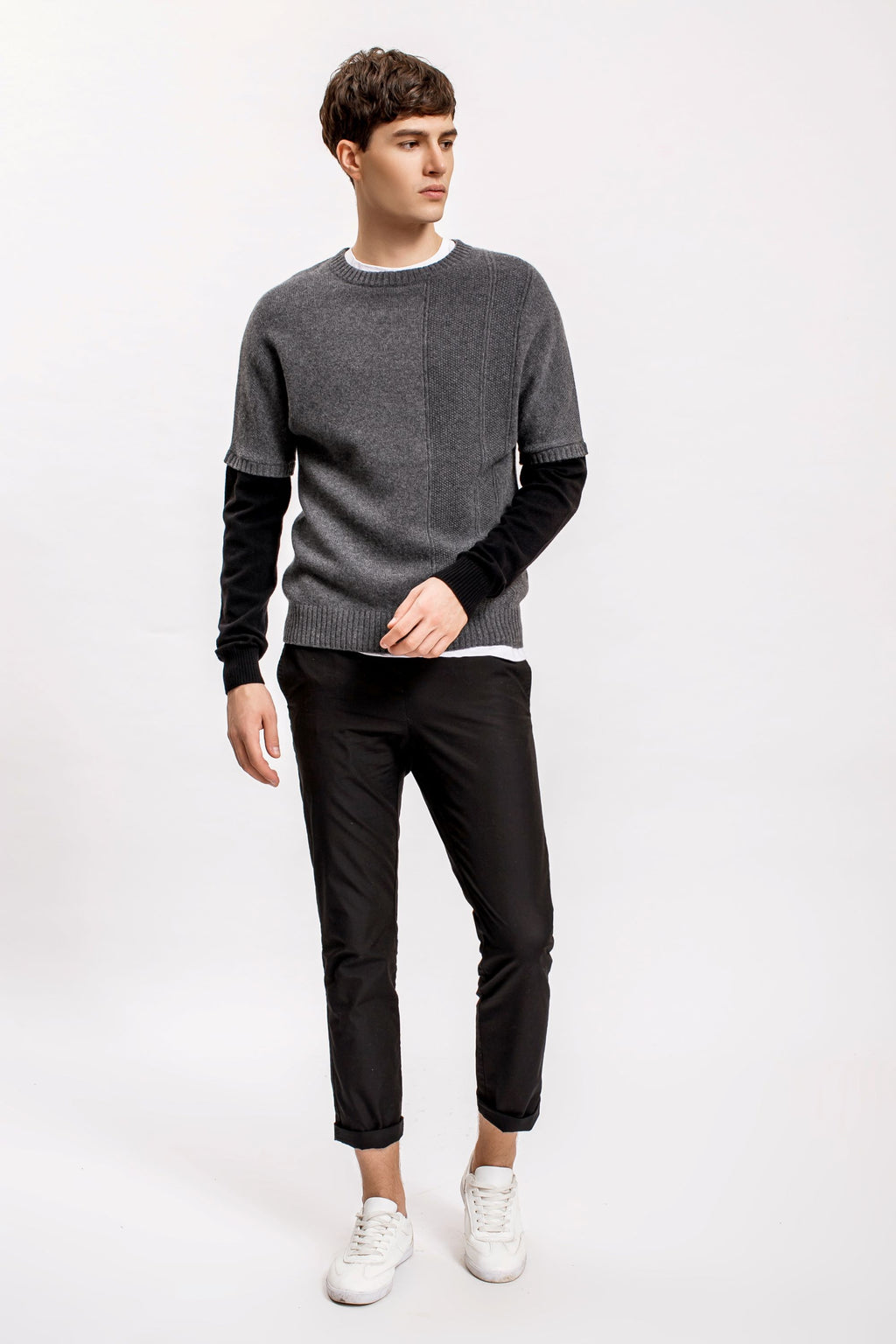 Stud Knit with Black Sleeves Sweater, Charcoal
