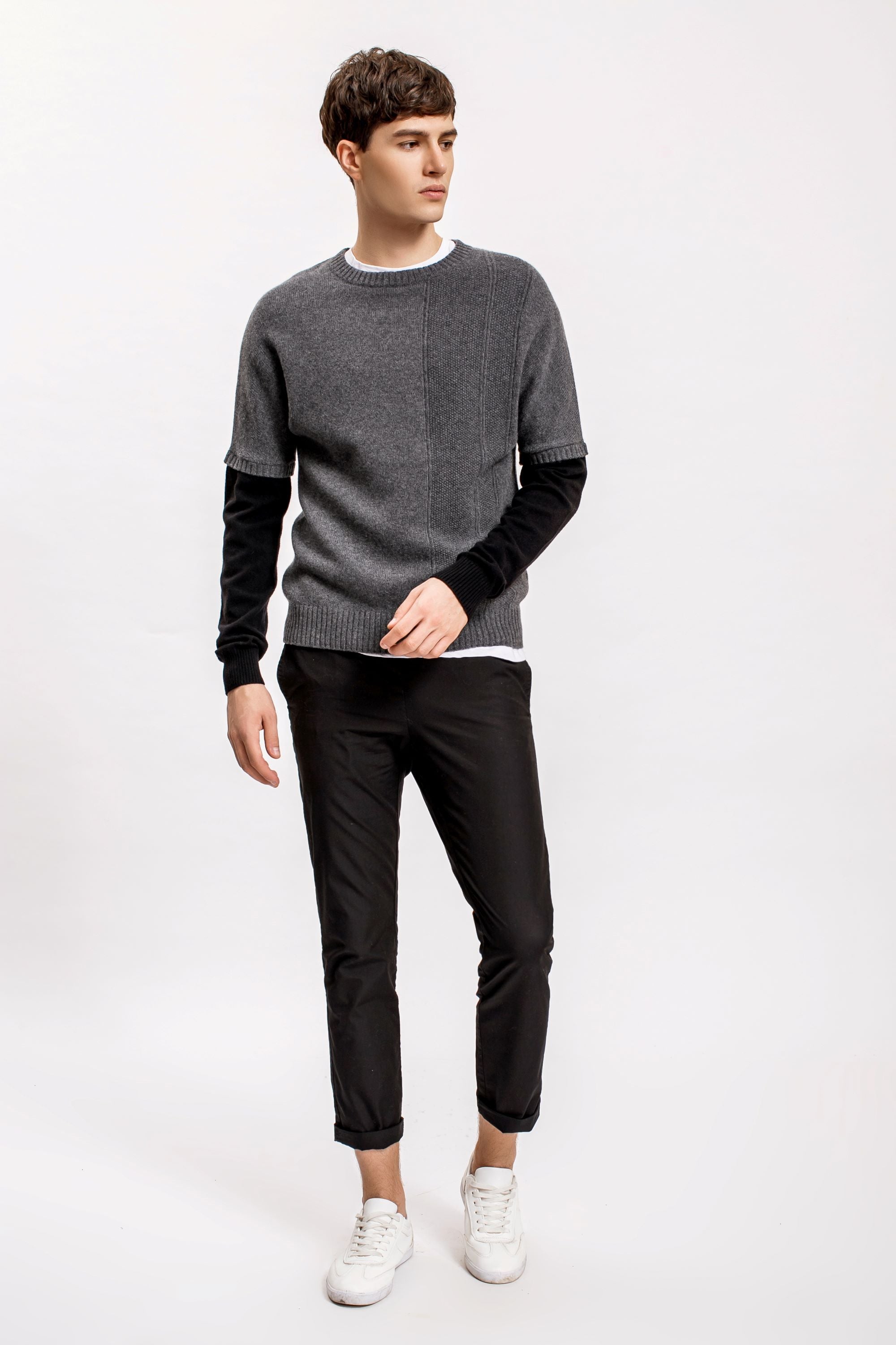 Stud Knit with Black Sleeves Sweater, Charcoal