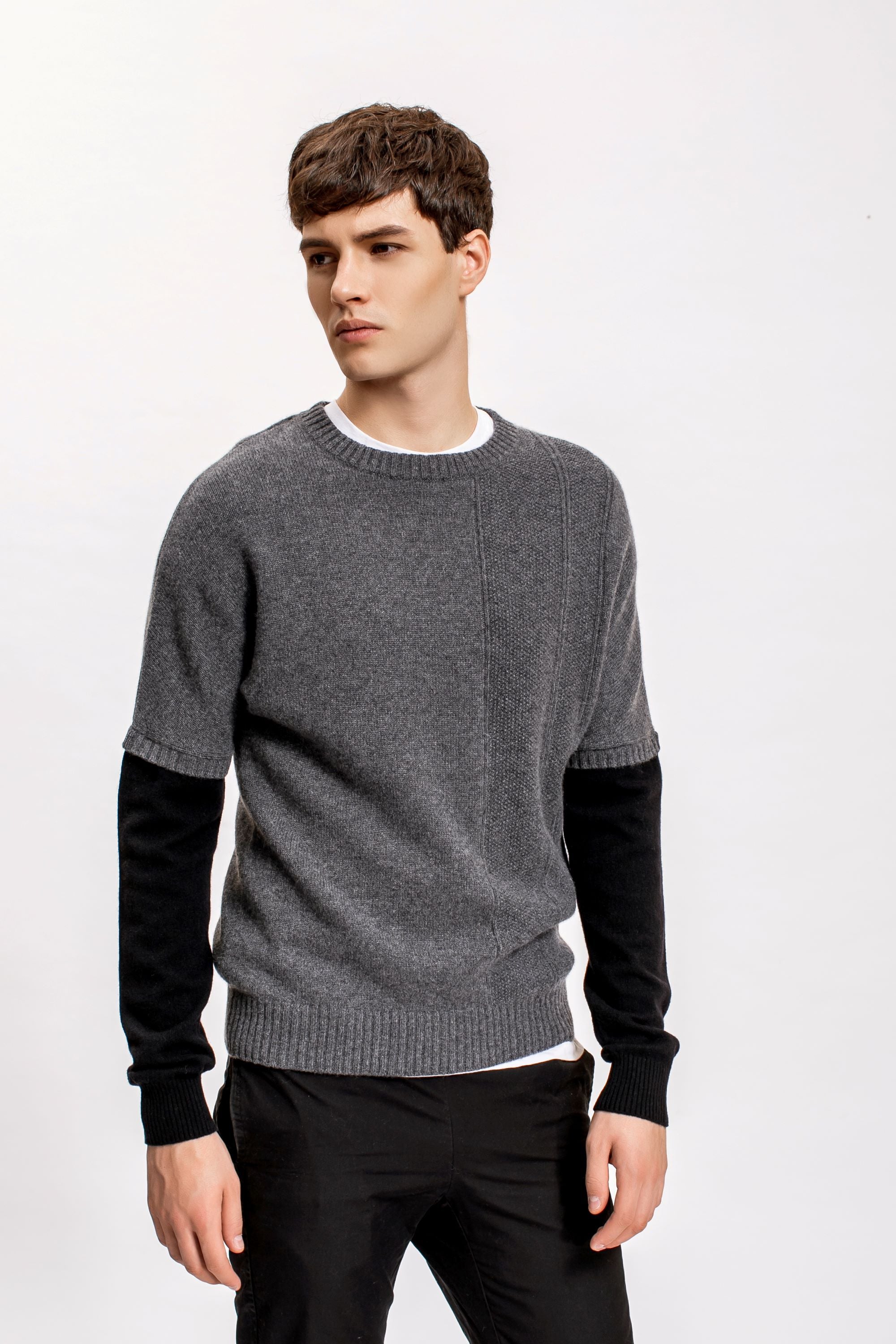Stud Knit with Black Sleeves Sweater, Charcoal