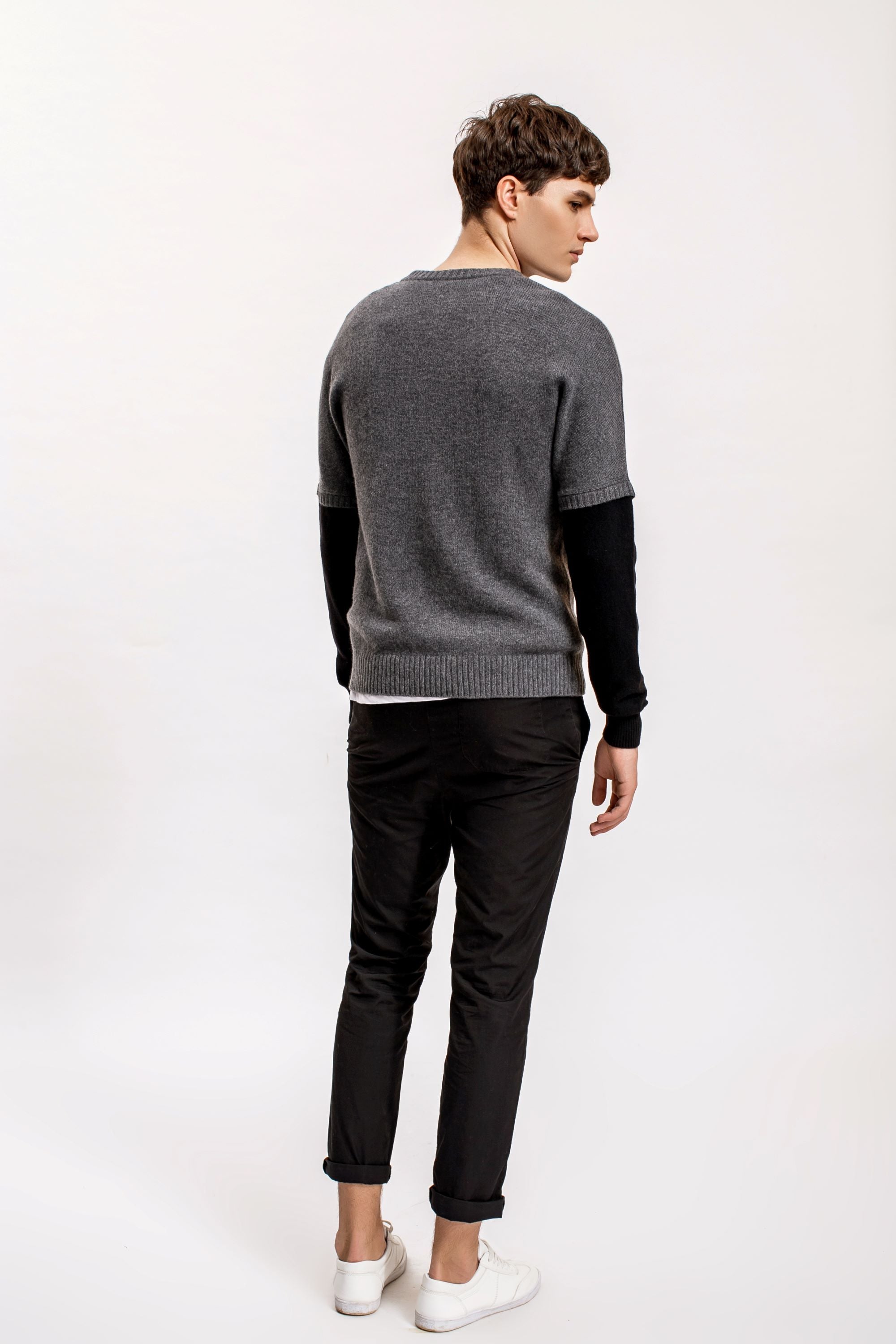 Stud Knit with Black Sleeves Sweater, Charcoal