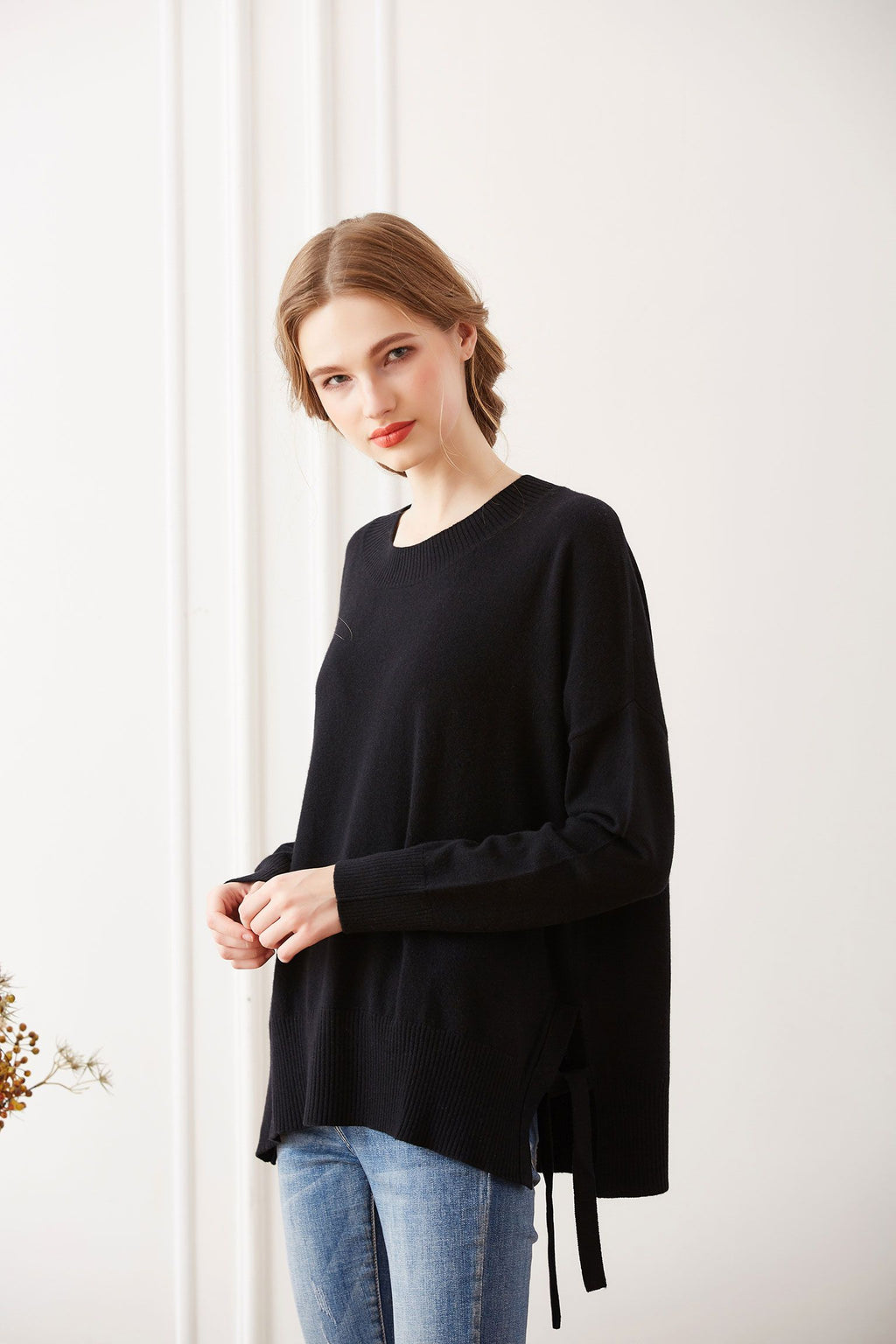 Side Tie Cashmere Crewneck Sweater, Black
