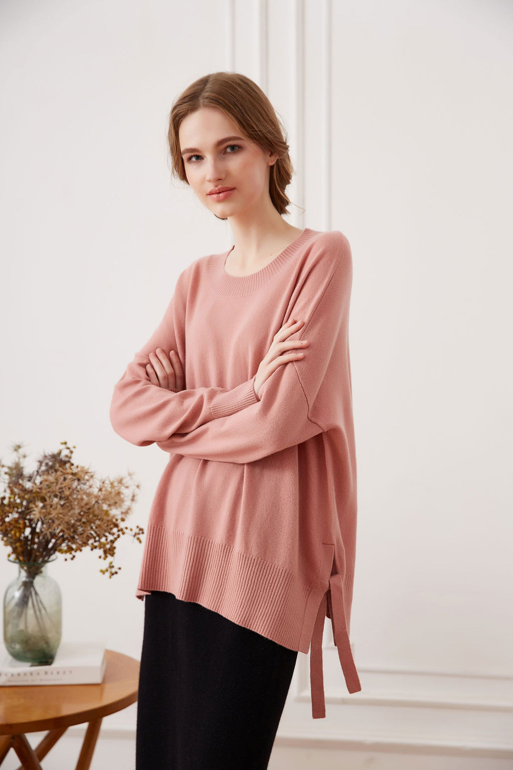 Side Tie Cashmere Crewneck Sweater