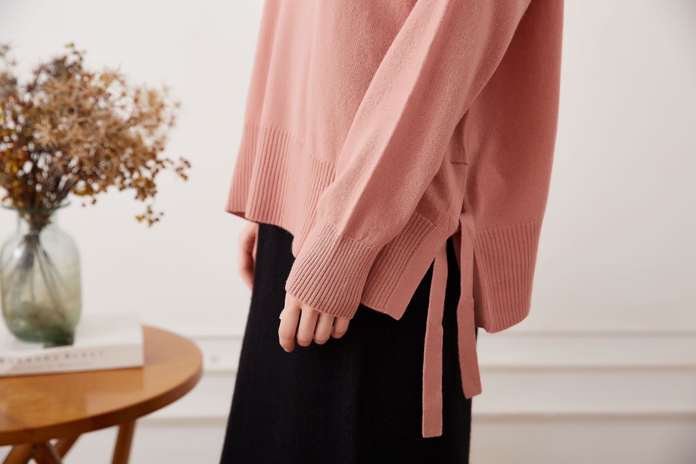 Side Tie Cashmere Crewneck Sweater