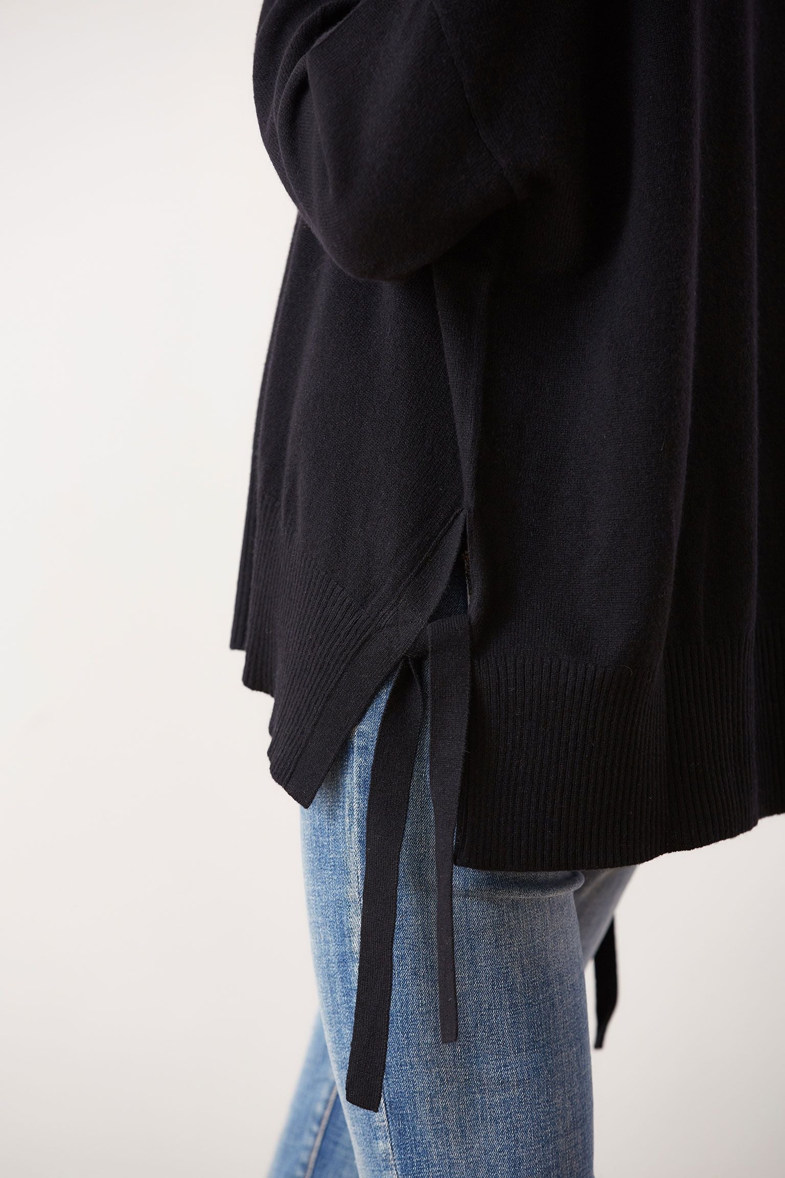 Side Tie Cashmere Crewneck Sweater, Black