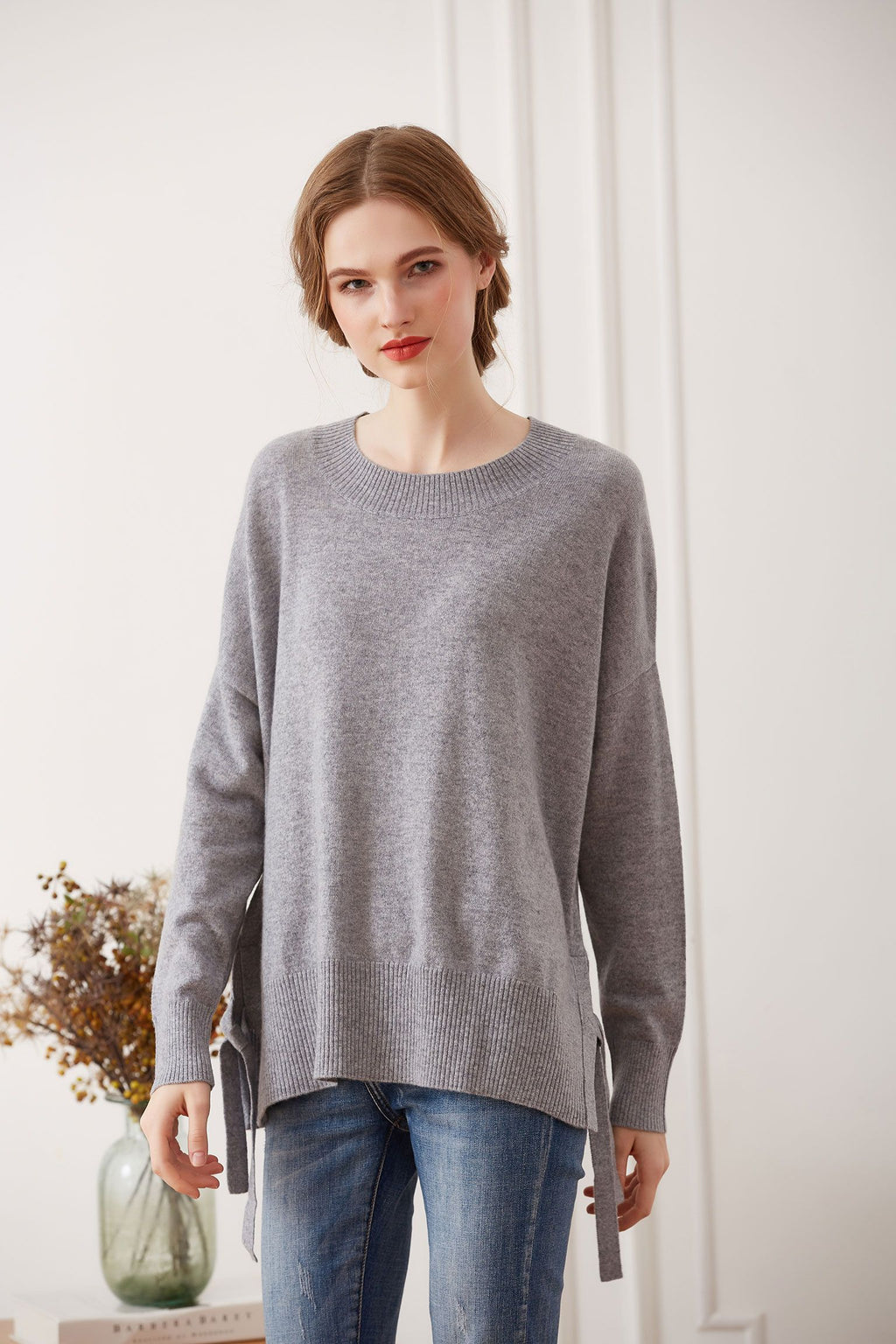 Side Tie Cashmere Crewneck Sweater, Grey