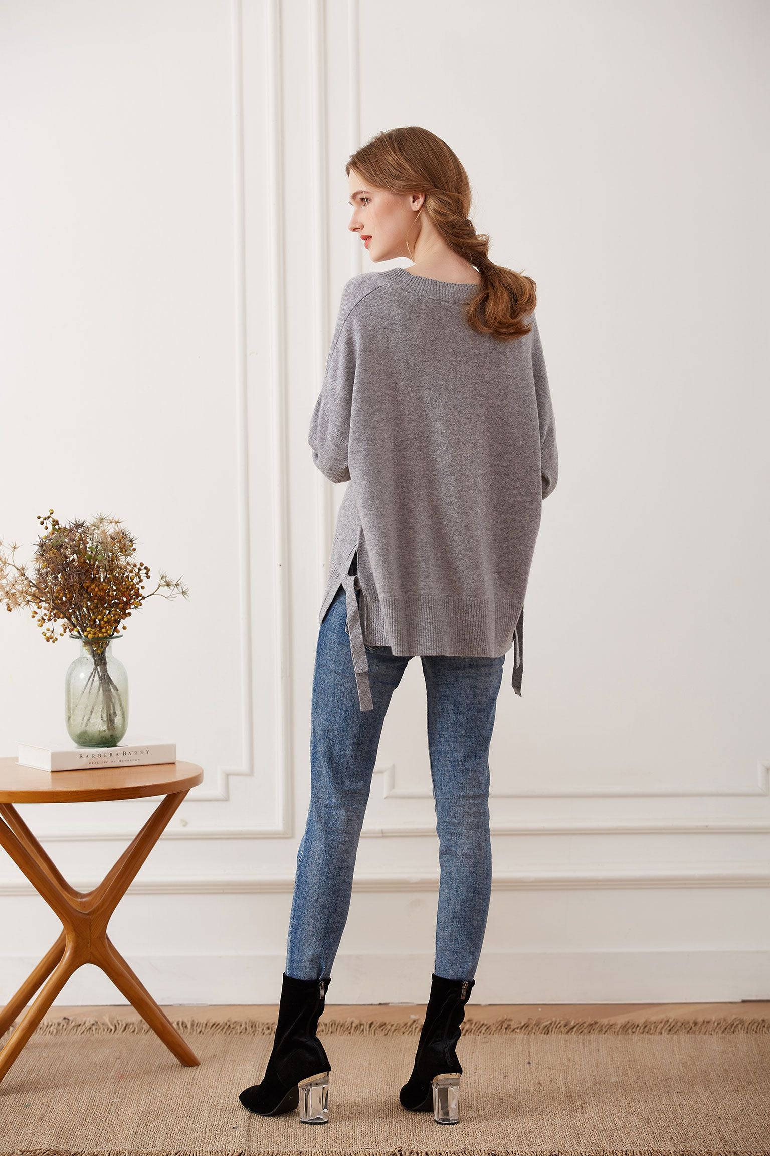 Side Tie Cashmere Crewneck Sweater, Grey