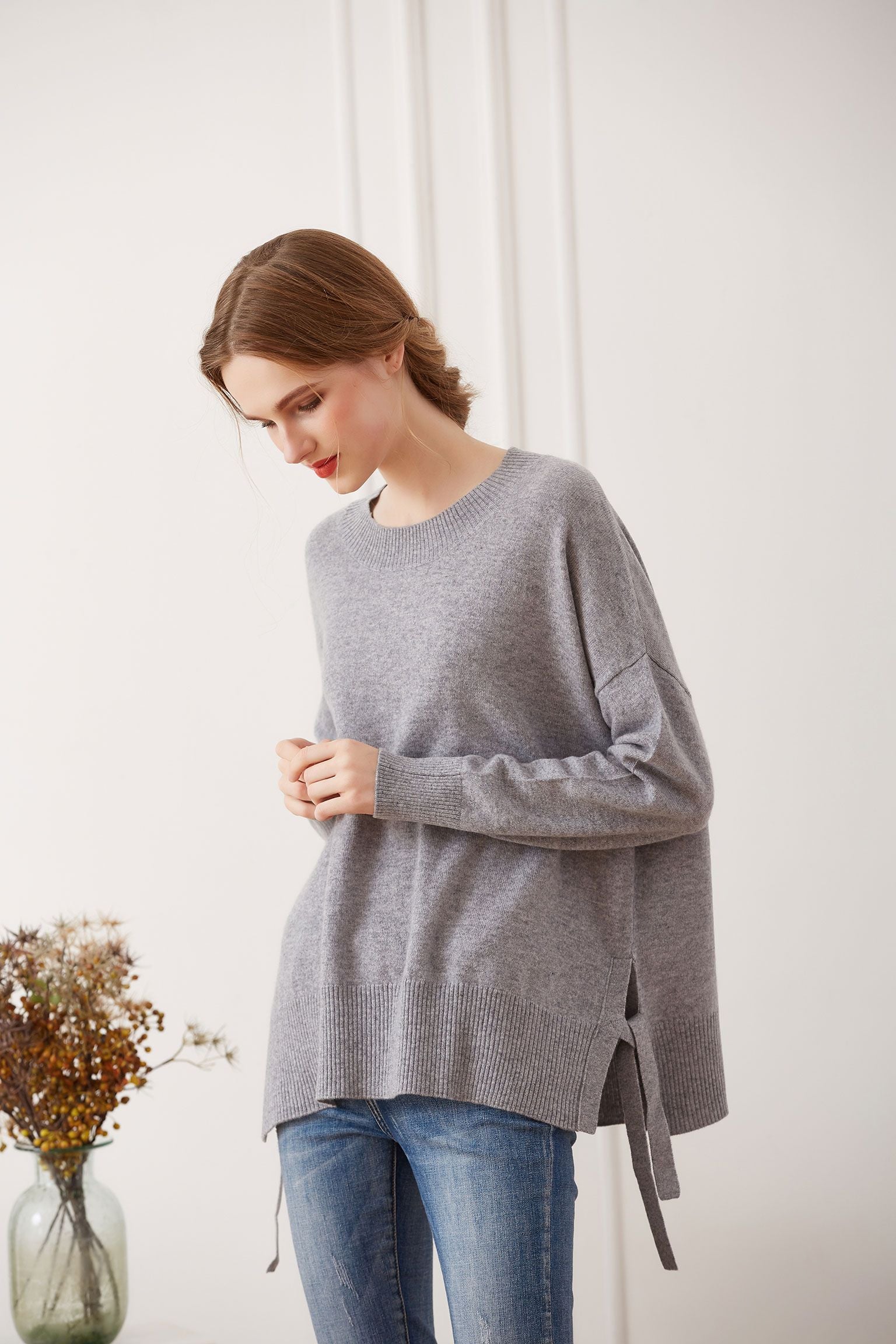 Side Tie Cashmere Crewneck Sweater, Grey