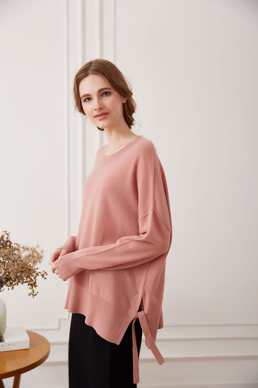 Side Tie Cashmere Crewneck Sweater