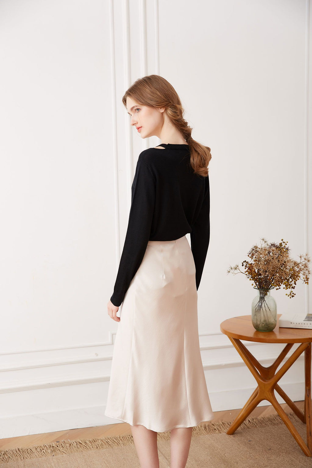 Off-shoulder Silk Cashmere Sweater, Black