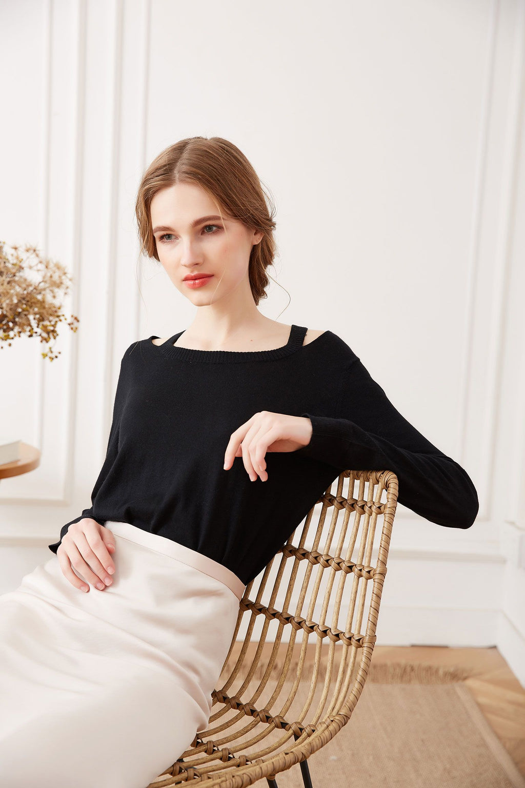 Off-shoulder Silk Cashmere Sweater, Black