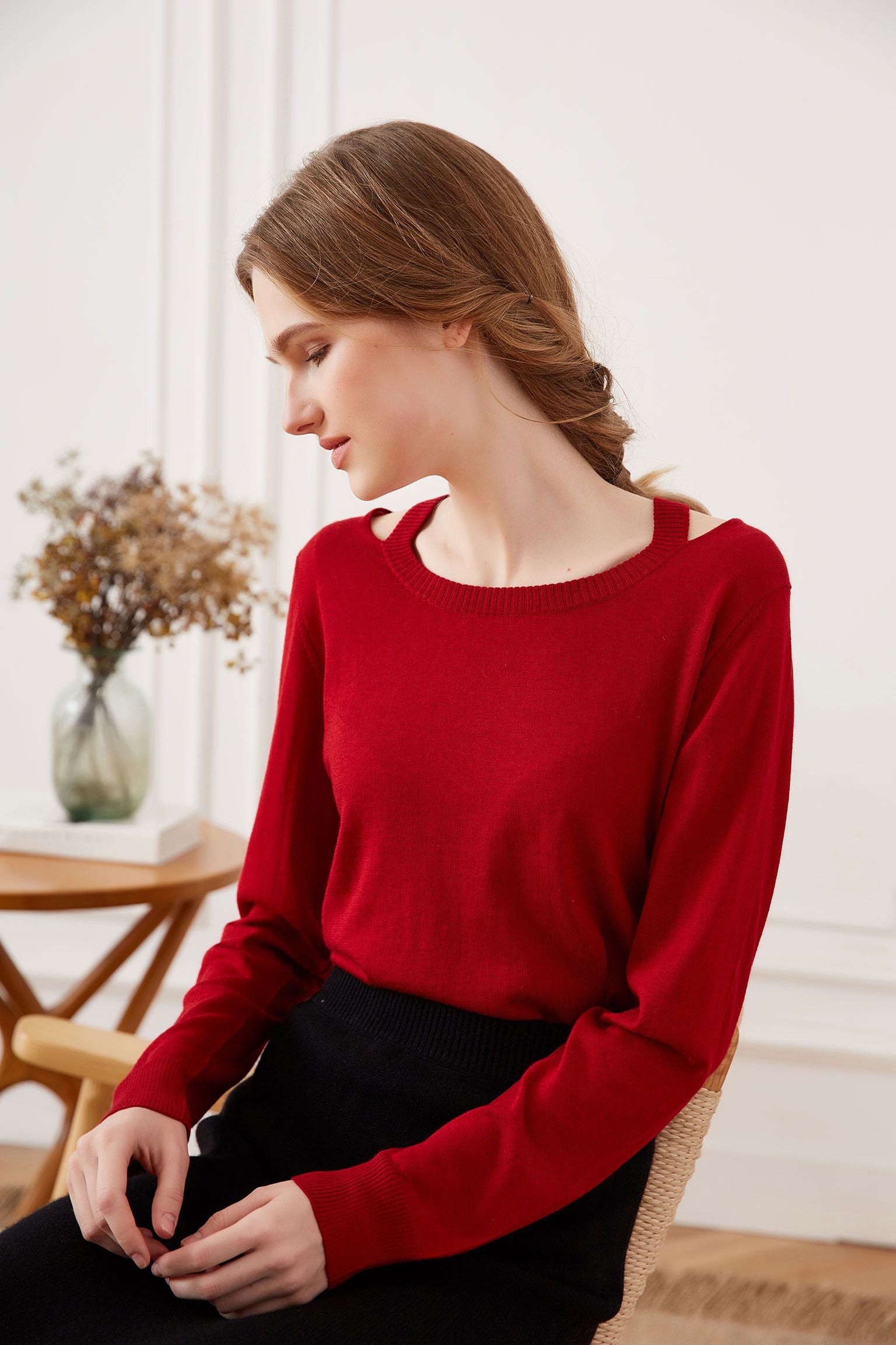 Off-shoulder Silk Cashmere Sweater, Red