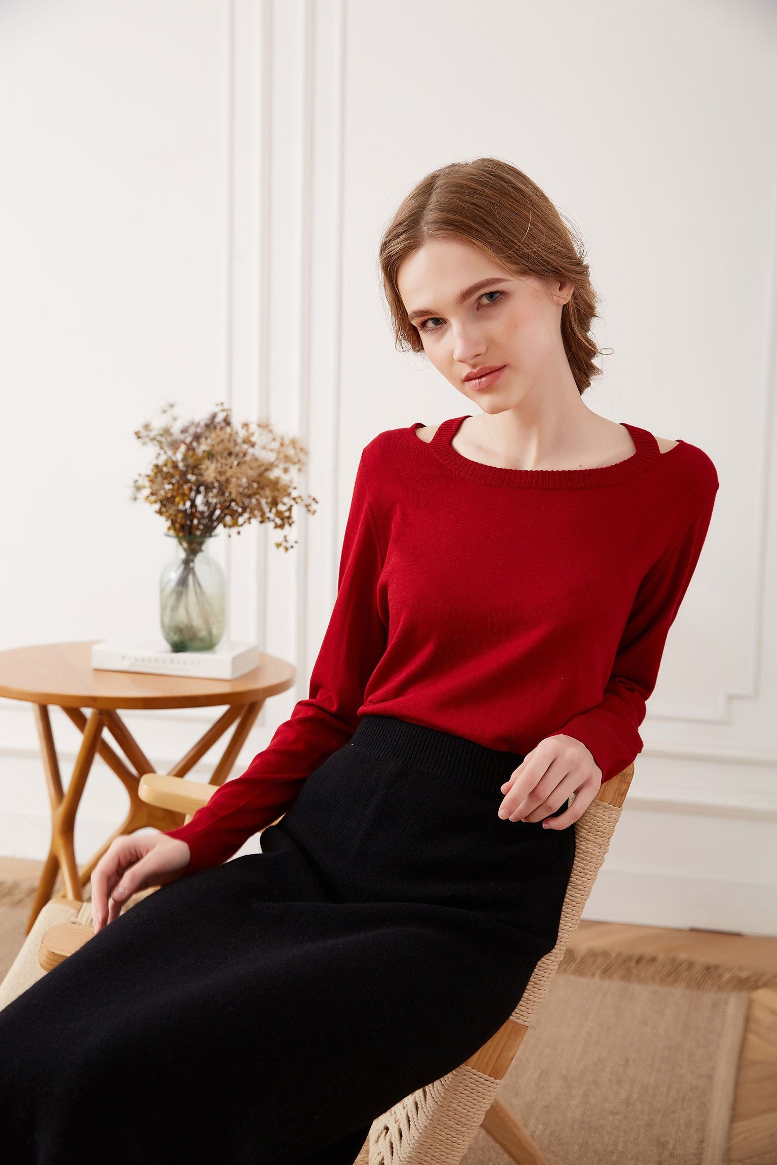 Off-shoulder Silk Cashmere Sweater, Red