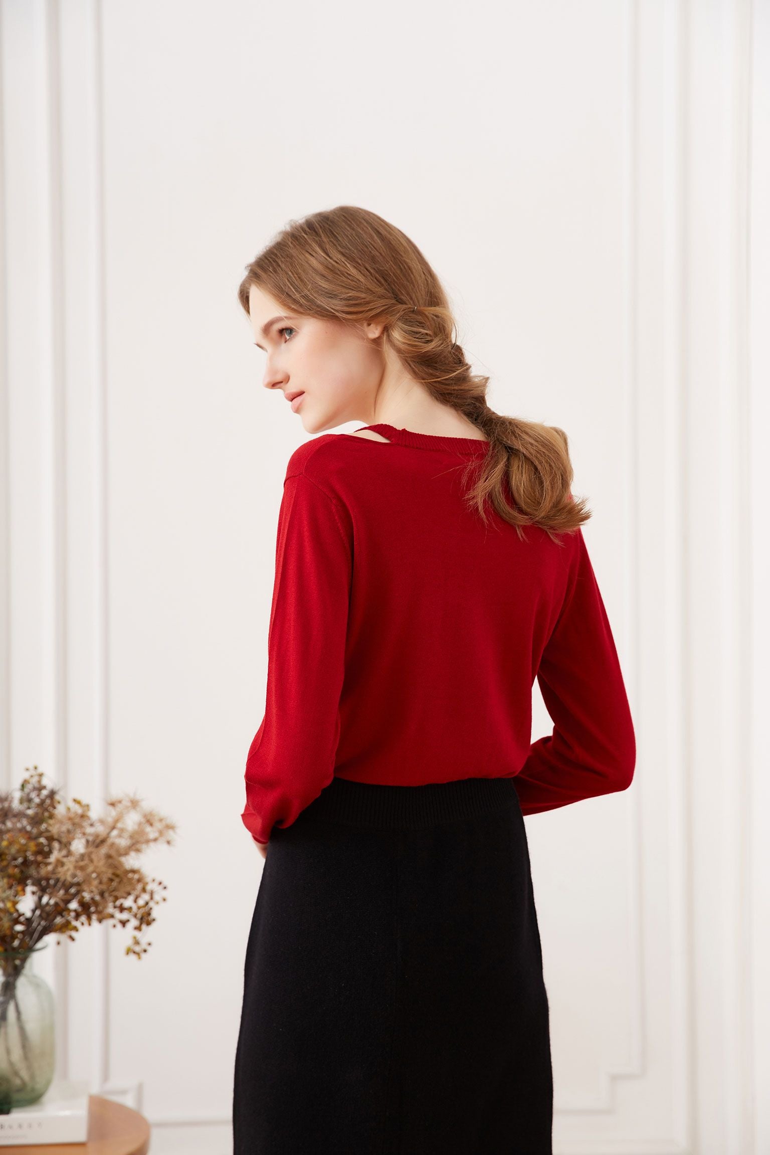 Off-shoulder Silk Cashmere Sweater, Red