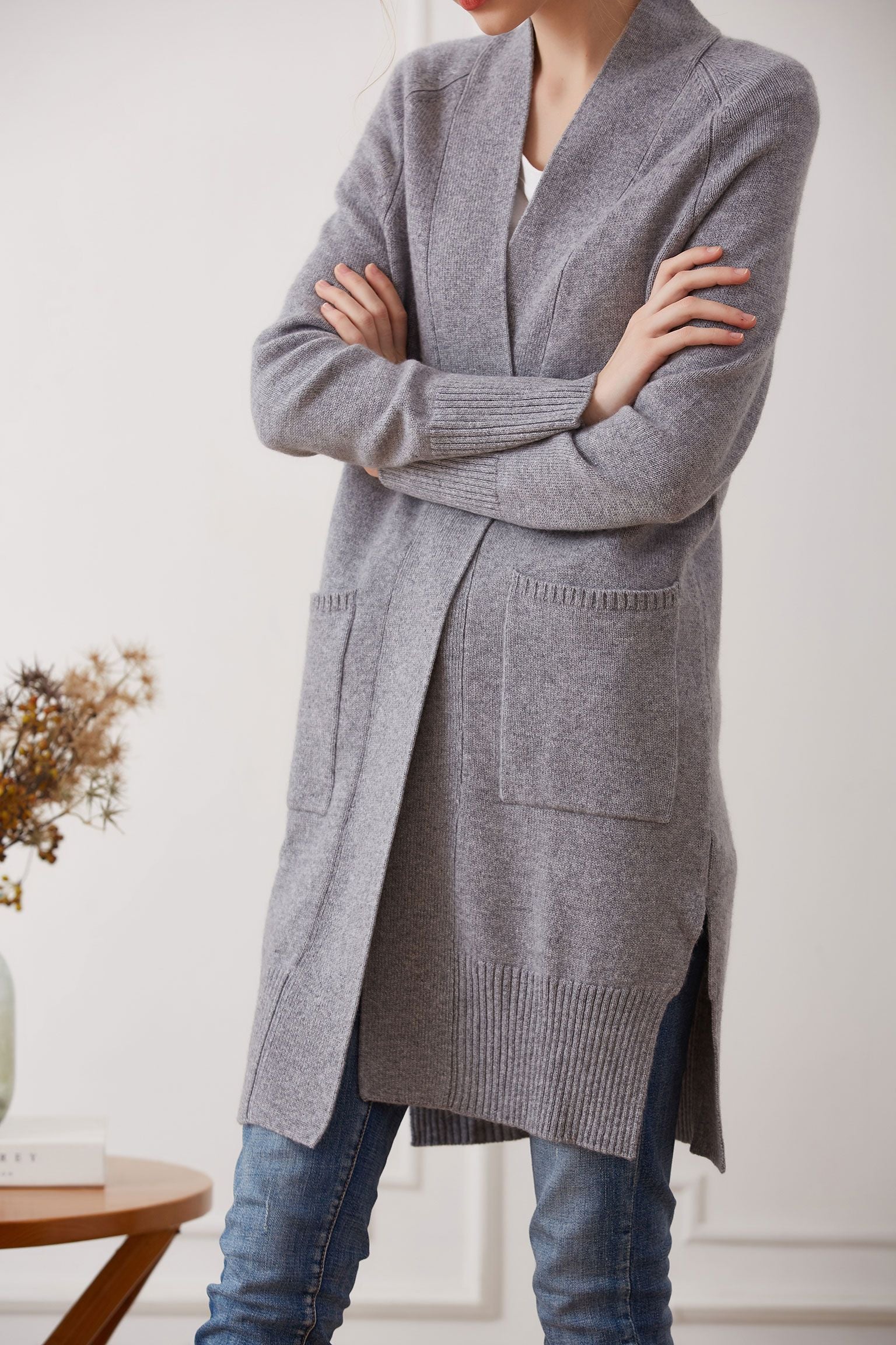 Open-front Cashmere Long Cardigan